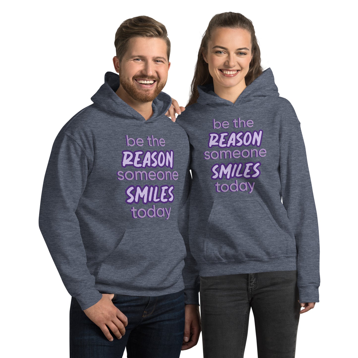 Men and women with sport dark navy hoodie and the quote "be the reason someone smiles today" in purple on it.