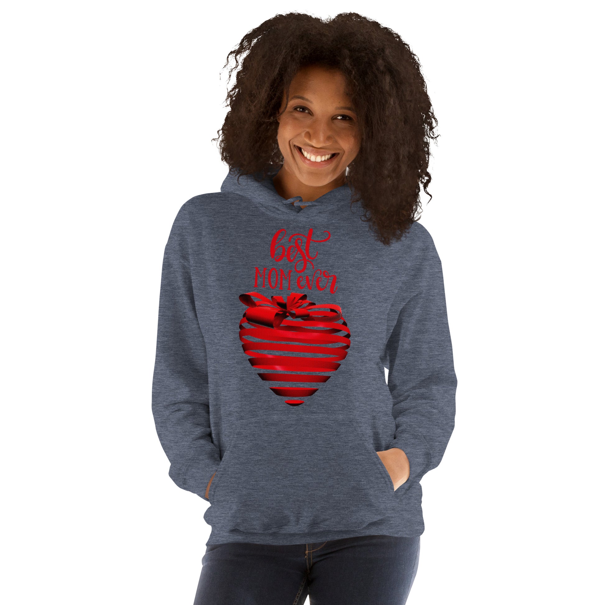 Women with sport dark navy hoodie with red text best MOM Ever and red heart