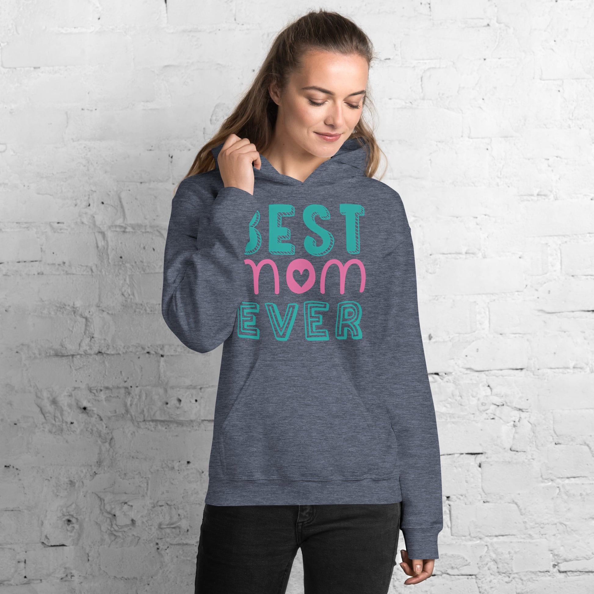 Women with dark navy blue hoodie with text best MOM Ever