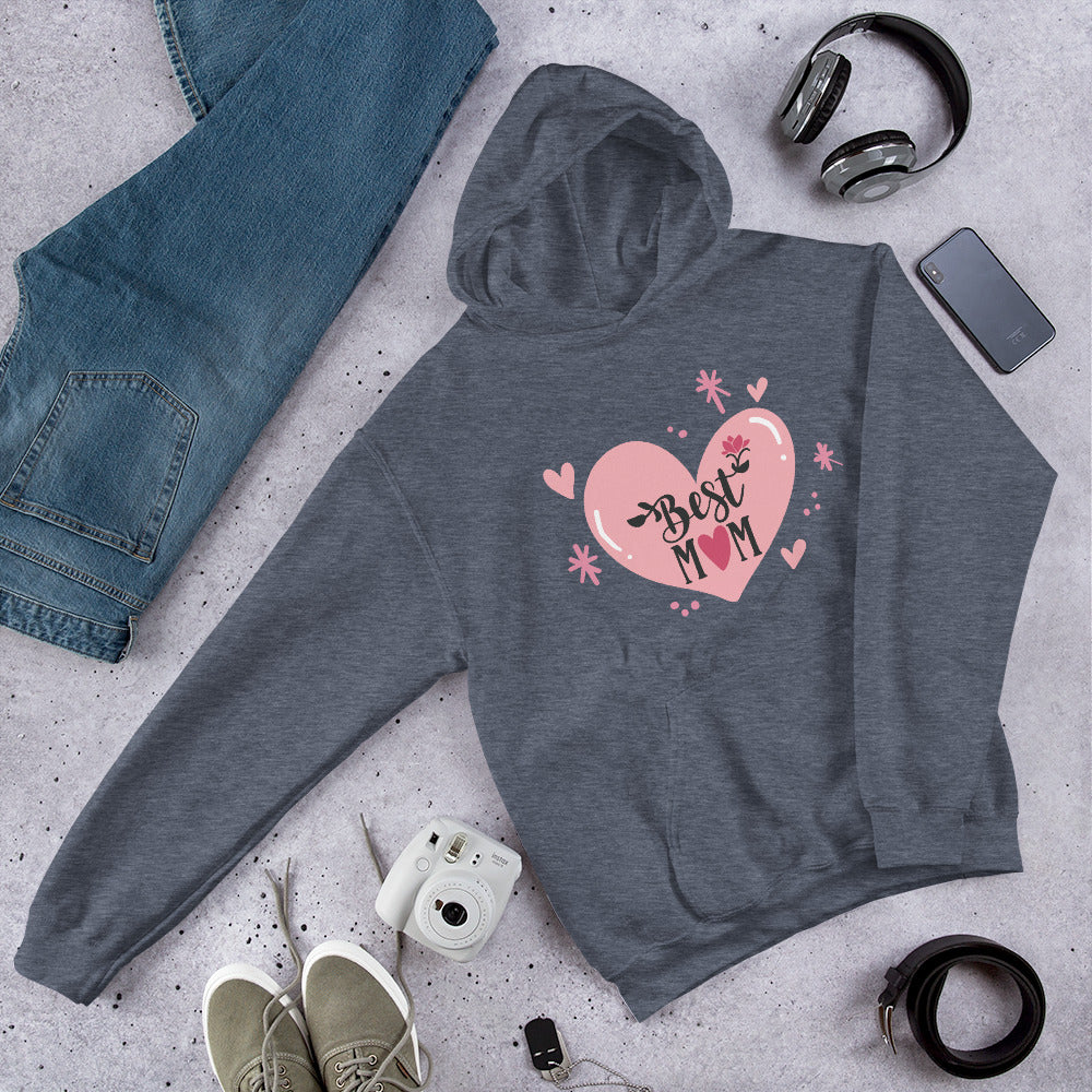 dark navy hoodie with hart and text best MOM