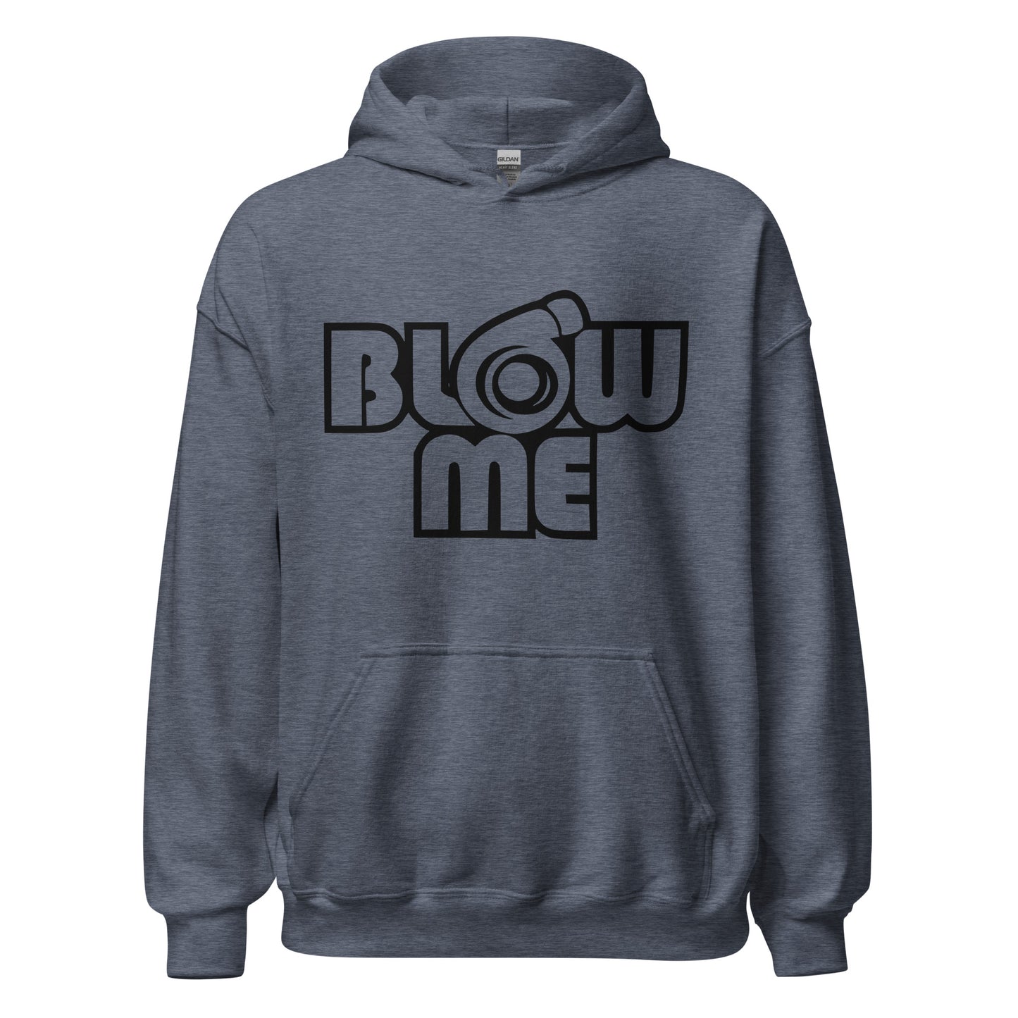 Heather sport dark navy hoodie for men and women with the text Blow me, turbo compressor