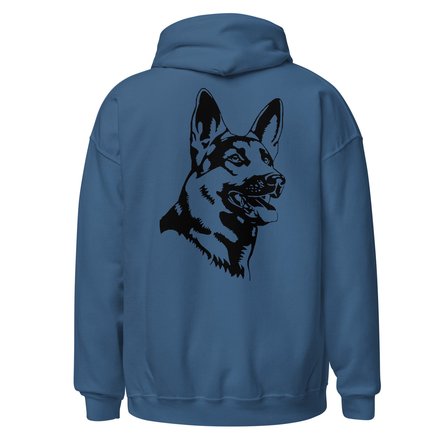Indigo blue hoodie with German shepherd