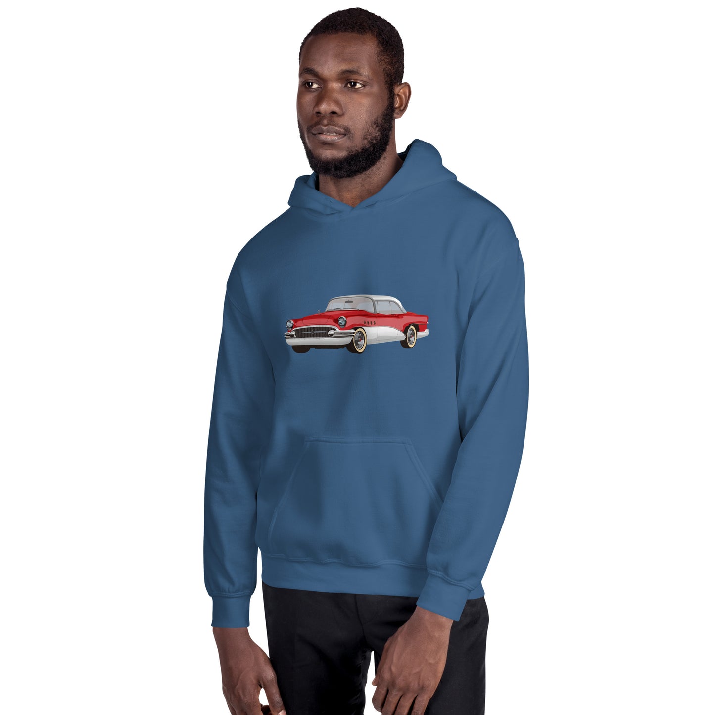 Men with indigo blue hoodie with red Chevrolet