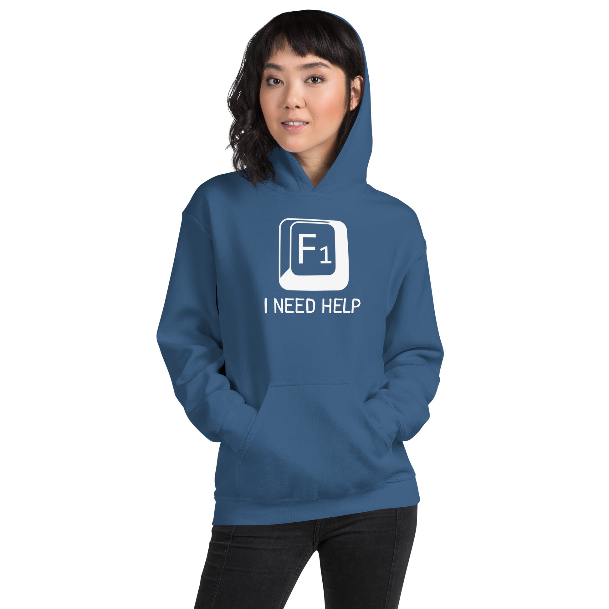Women with indigo blue hoodie and a picture of F1 key with text "I need help"