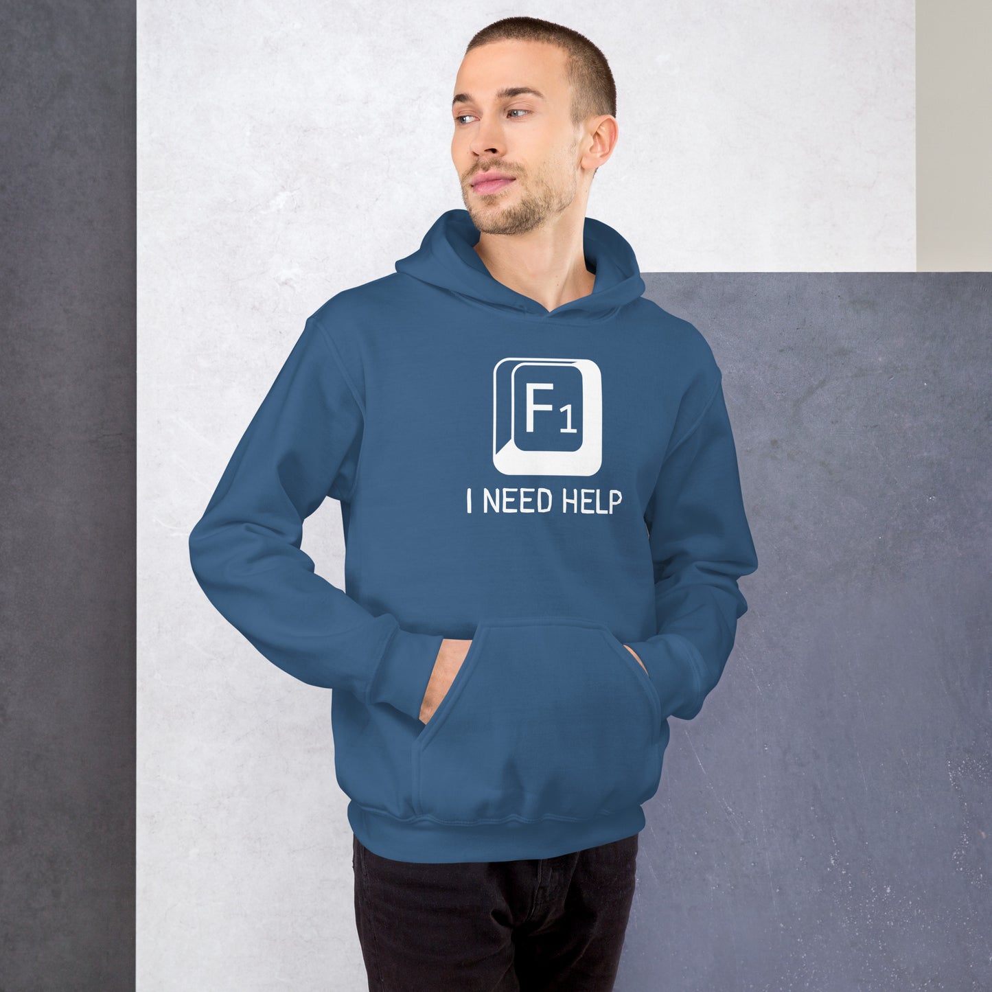 Men with indigo blue hoodie and a picture of F1 key with text "I need help"