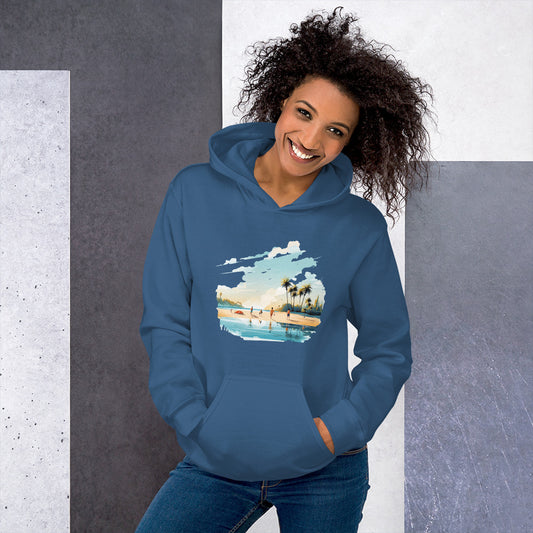 Women with indigo blue hoodie and a picture of a island with sea and sand