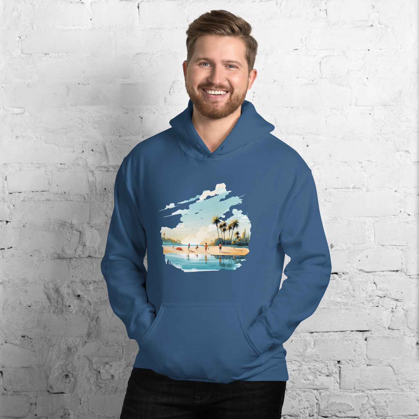 Men with indigo blue hoodie and a picture of a island with sea and sand