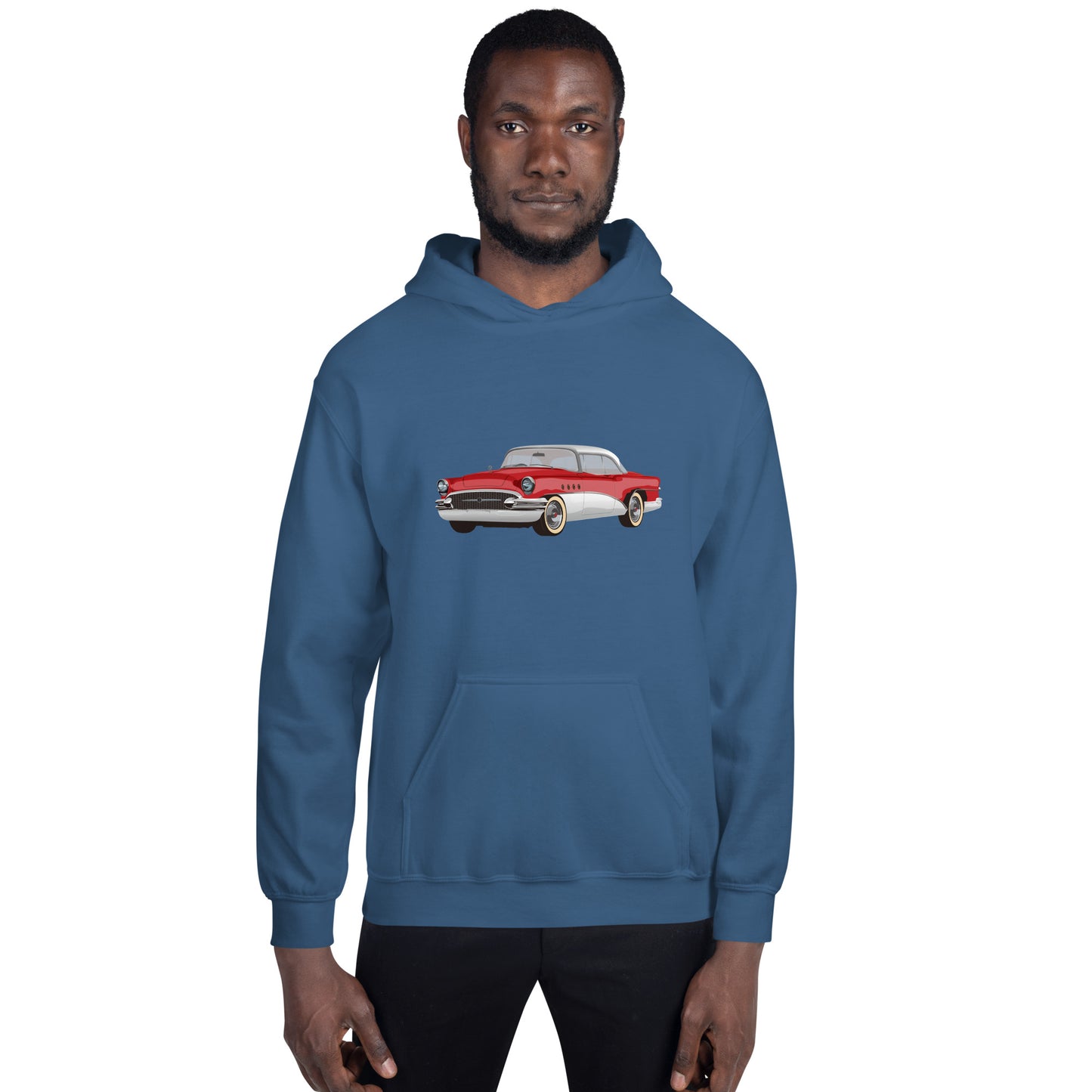 Men with indigo blue hoodie with red Chevrolet 