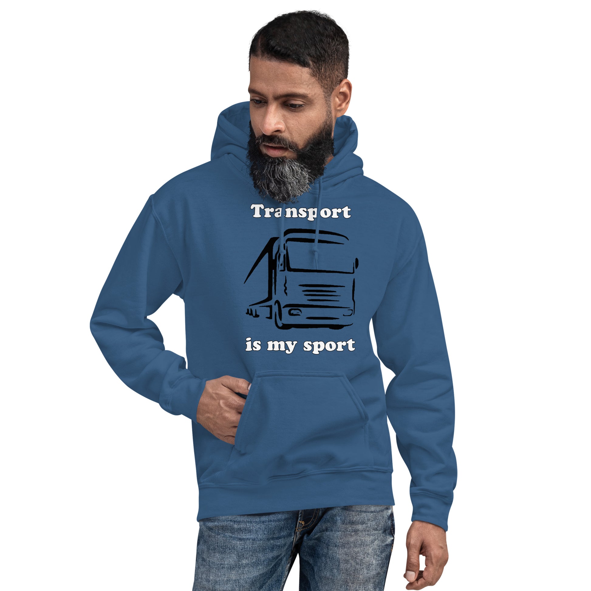 Man with indigo blue hoodie with picture of truck and text "Transport is my sport"