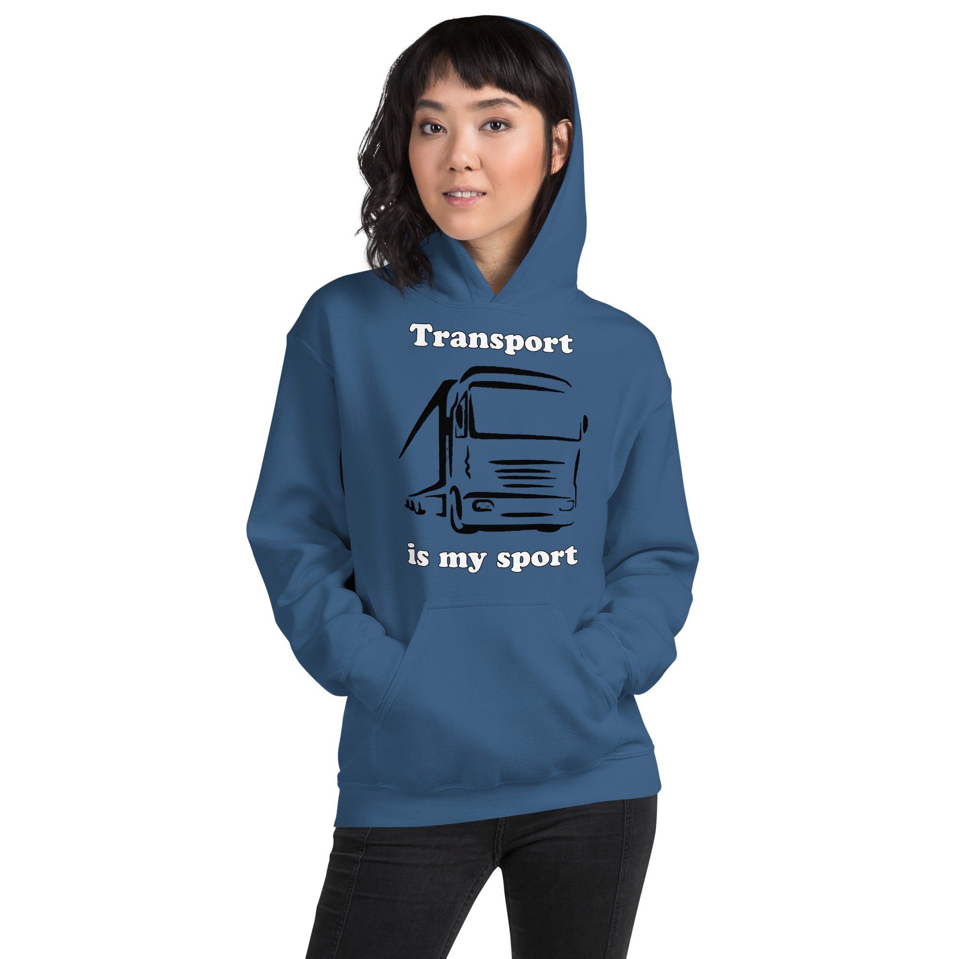 Woman with Indigo blue hoodie with picture of truck and text "Transport is my sport"