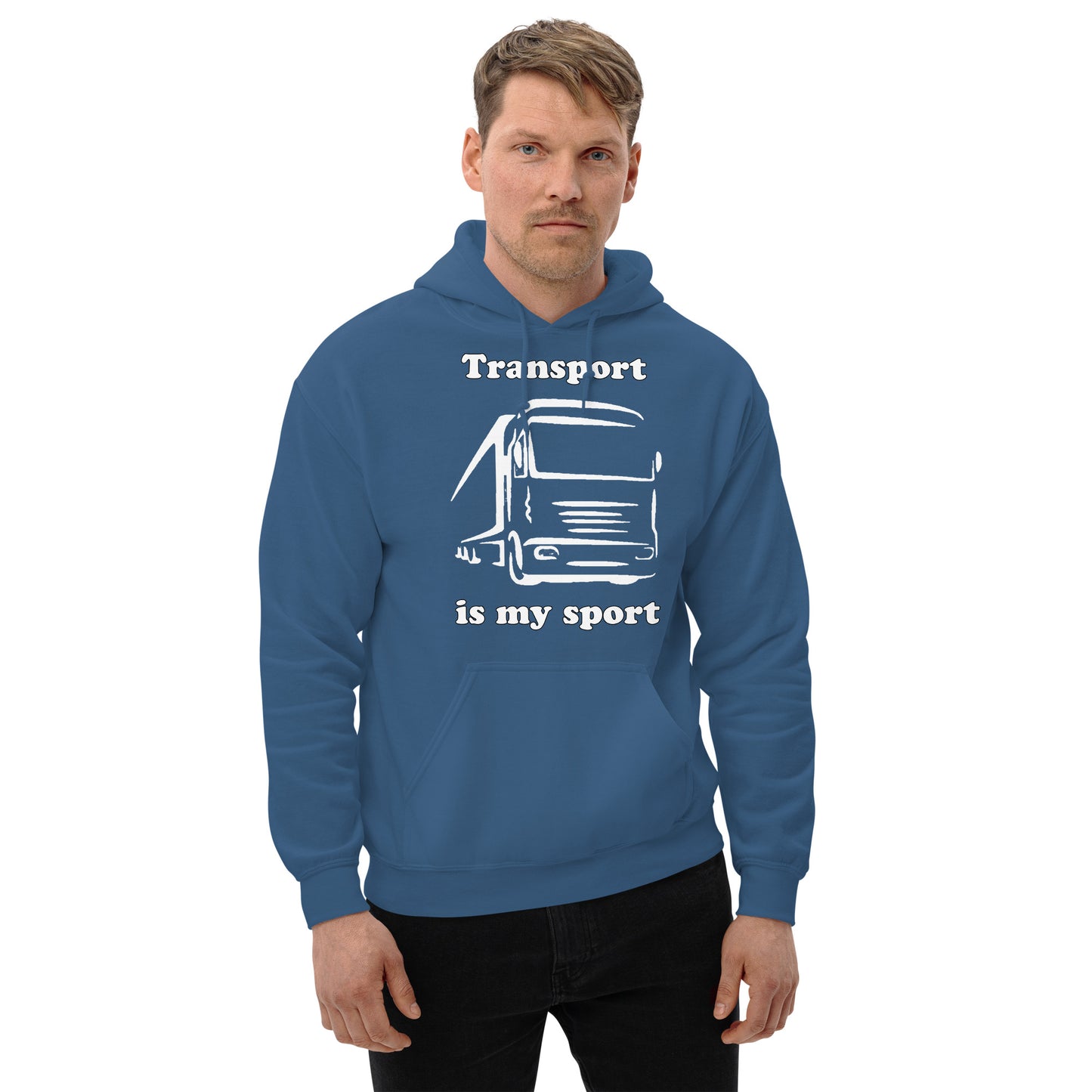Man with indigo blue hoodie with picture of truck and text "Transport is my sport"