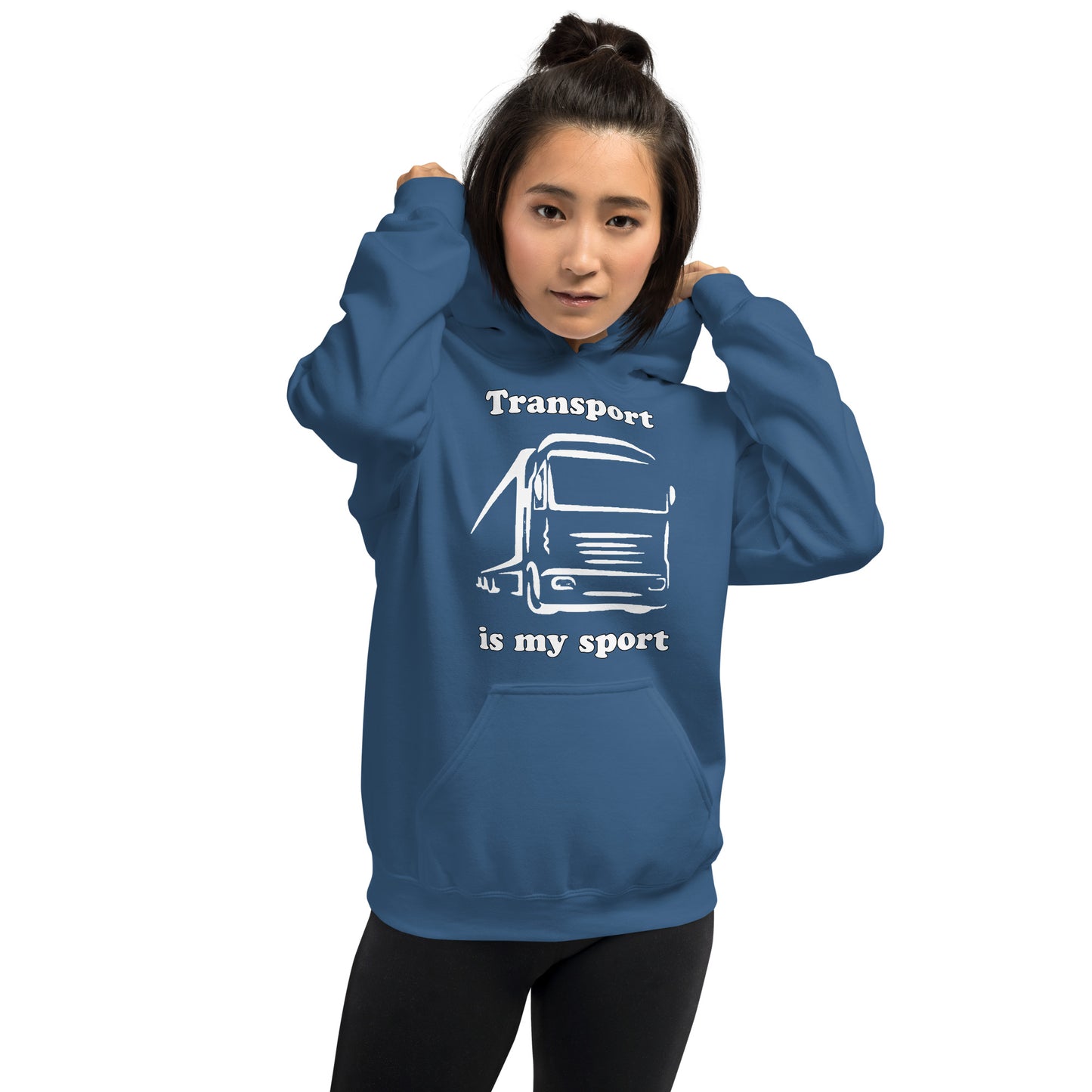 Woman with indigo blue hoodie with picture of truck and text "Transport is my sport"