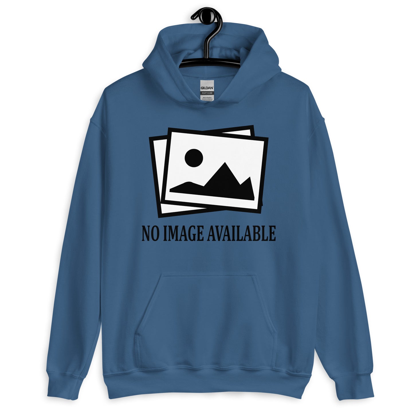 indigo blue hoodie with image and text "no image available"