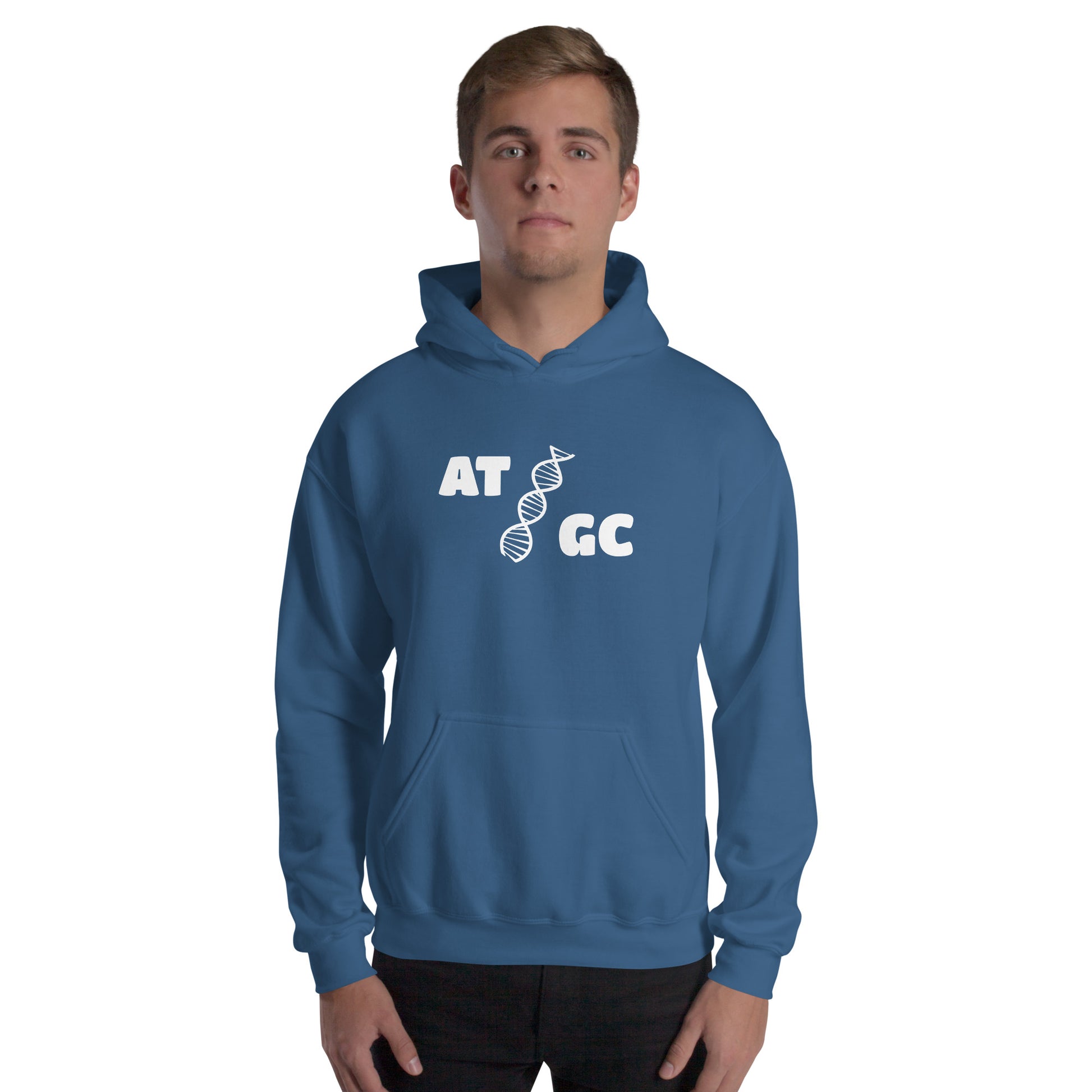 Men with indigo blue hoodie with image of a DNA string and the text "ATGC"