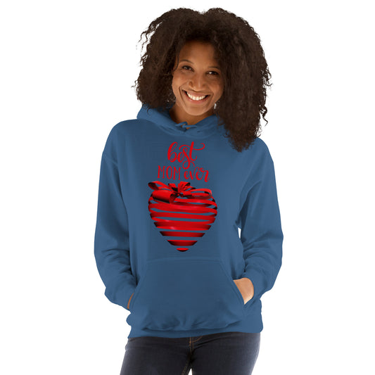 Women with indigo blue hoodie with red text best MOM Ever and red heart