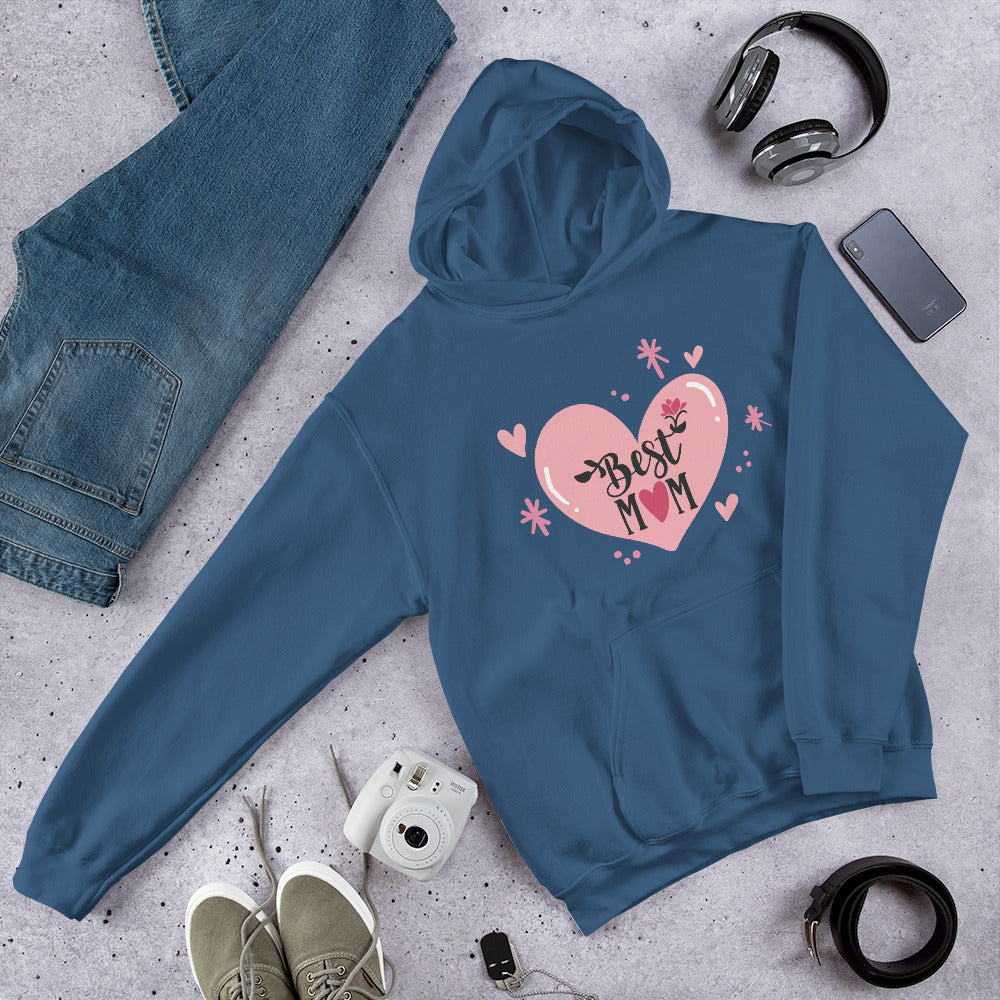 indigo blue hoodie with hart and text best MOM