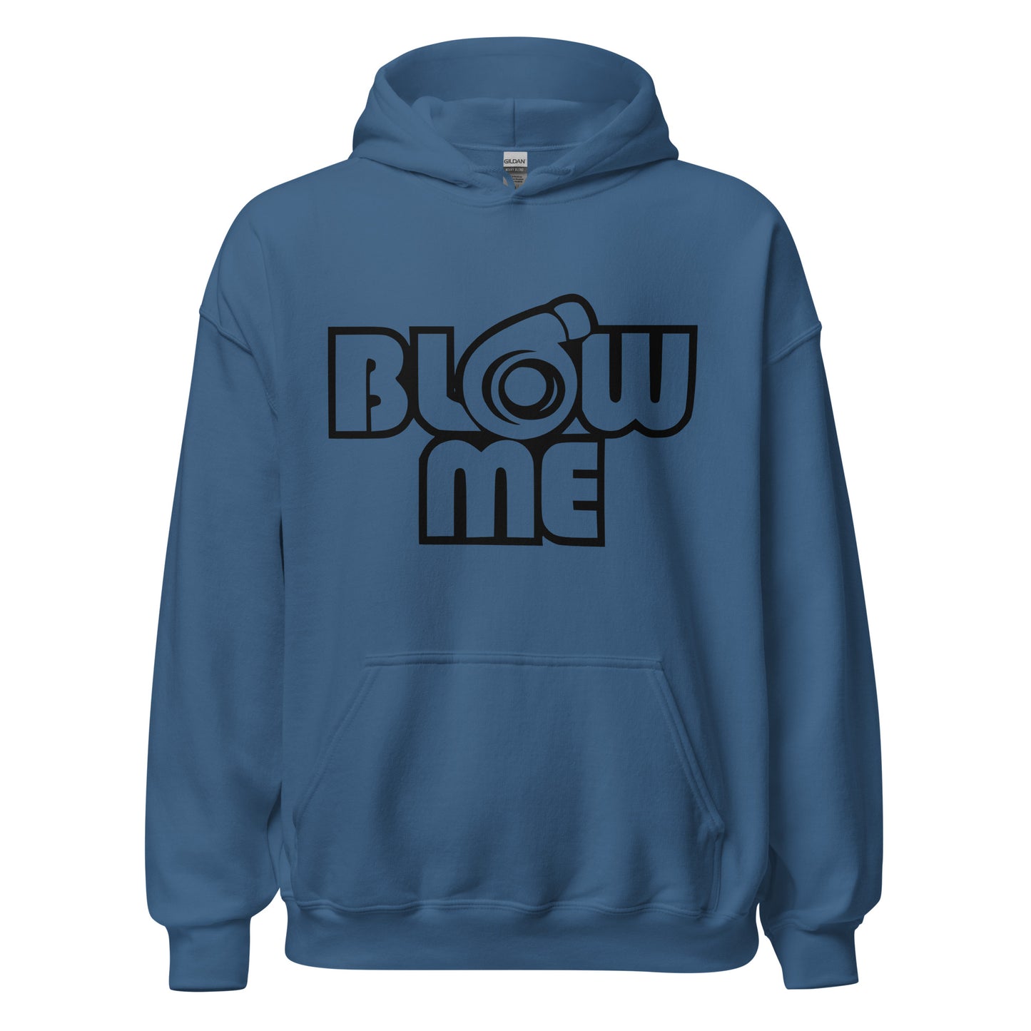 Indigo blue hoodie for men and women with the text Blow me, turbo compressor