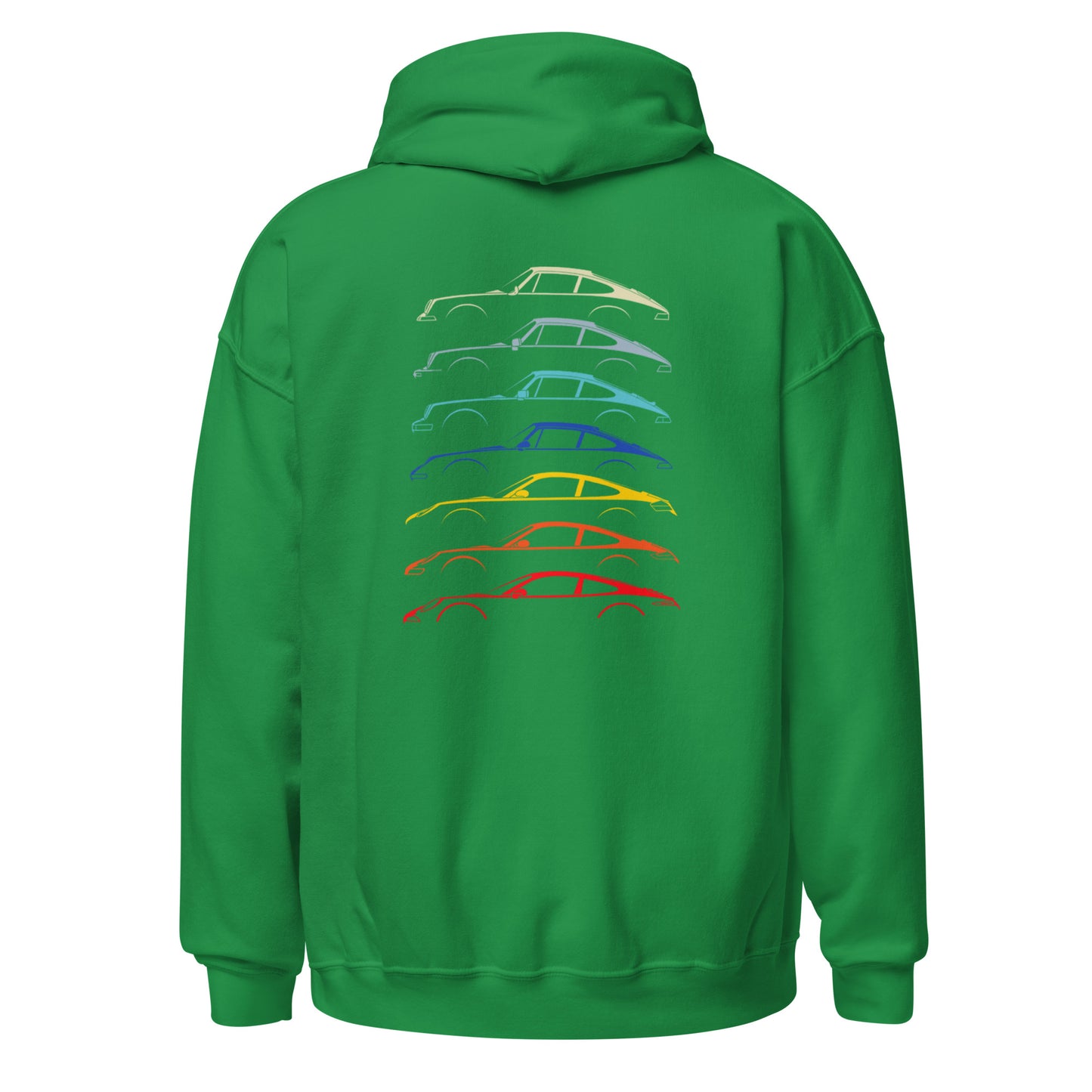 Irish green hoodie with car silouttes on the back