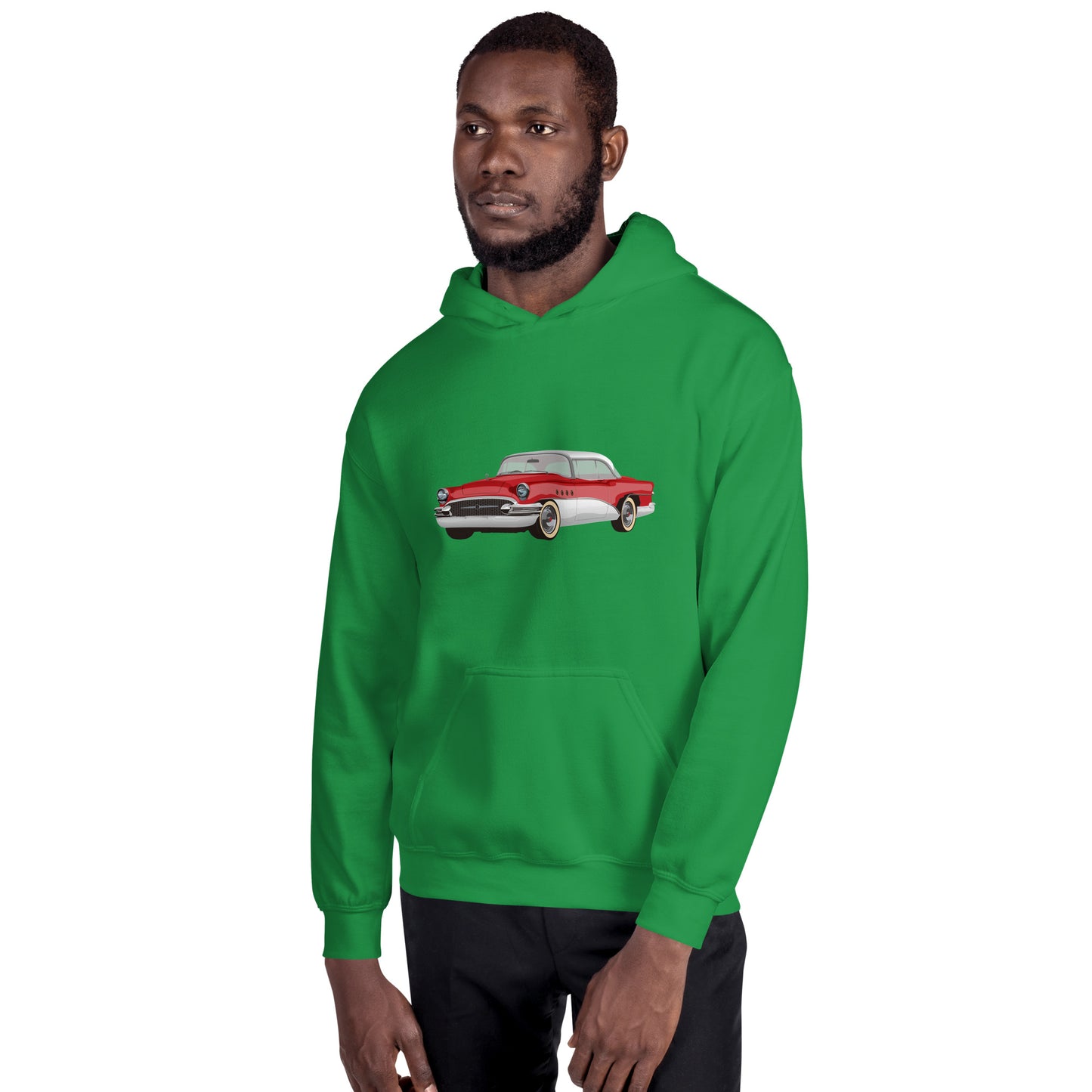 Men with Irish green hoodie with red Chevrolet 