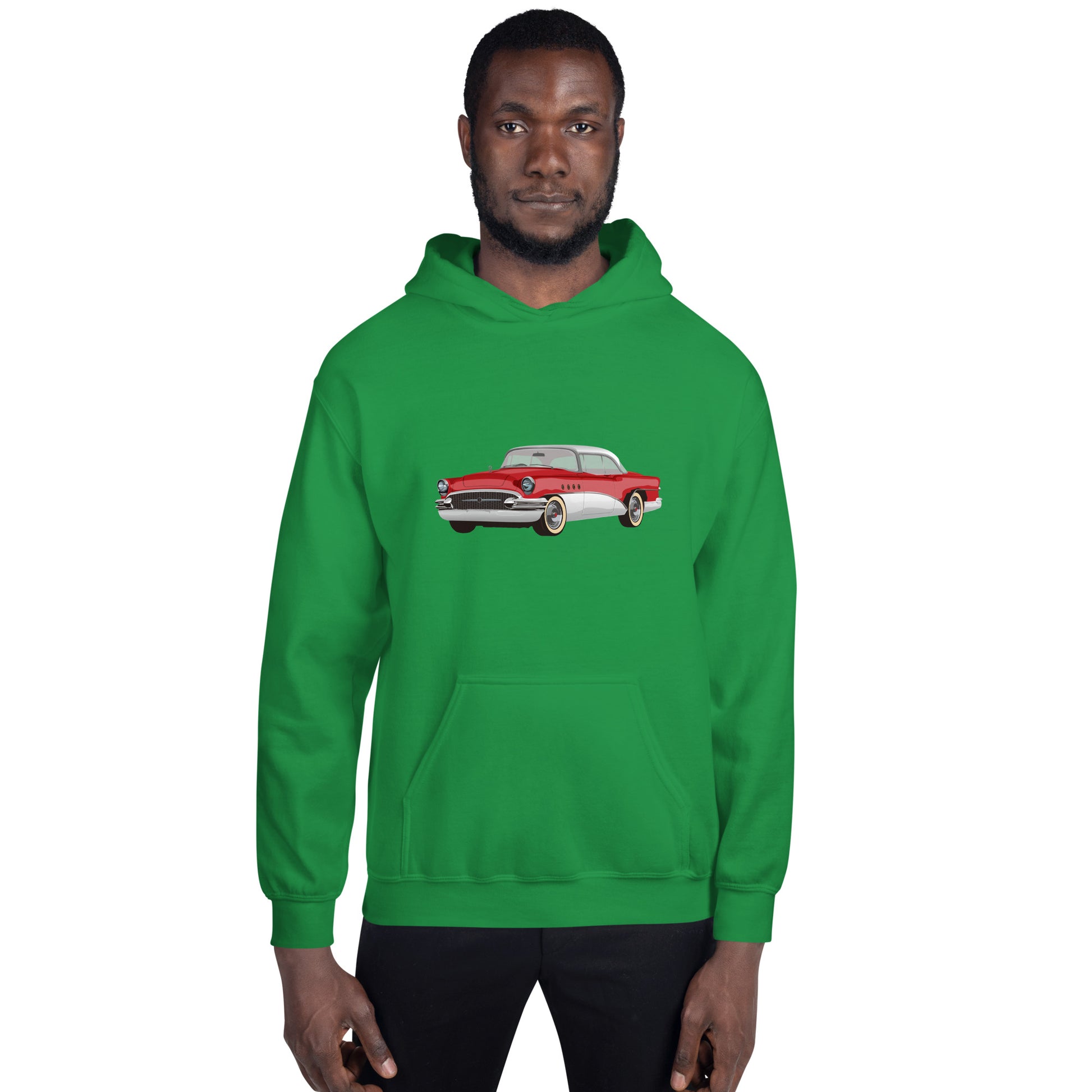 Men with Irish green hoodie with red Chevrolet 