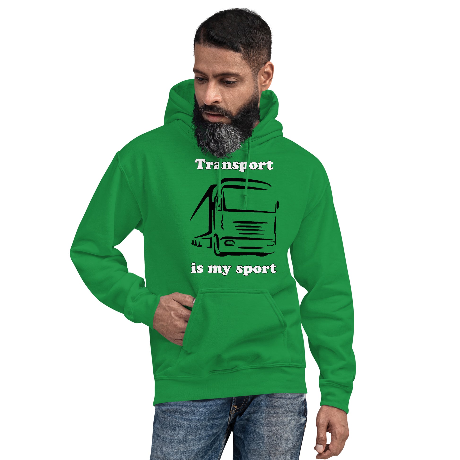 Man with Irish green hoodie with picture of truck and text "Transport is my sport"