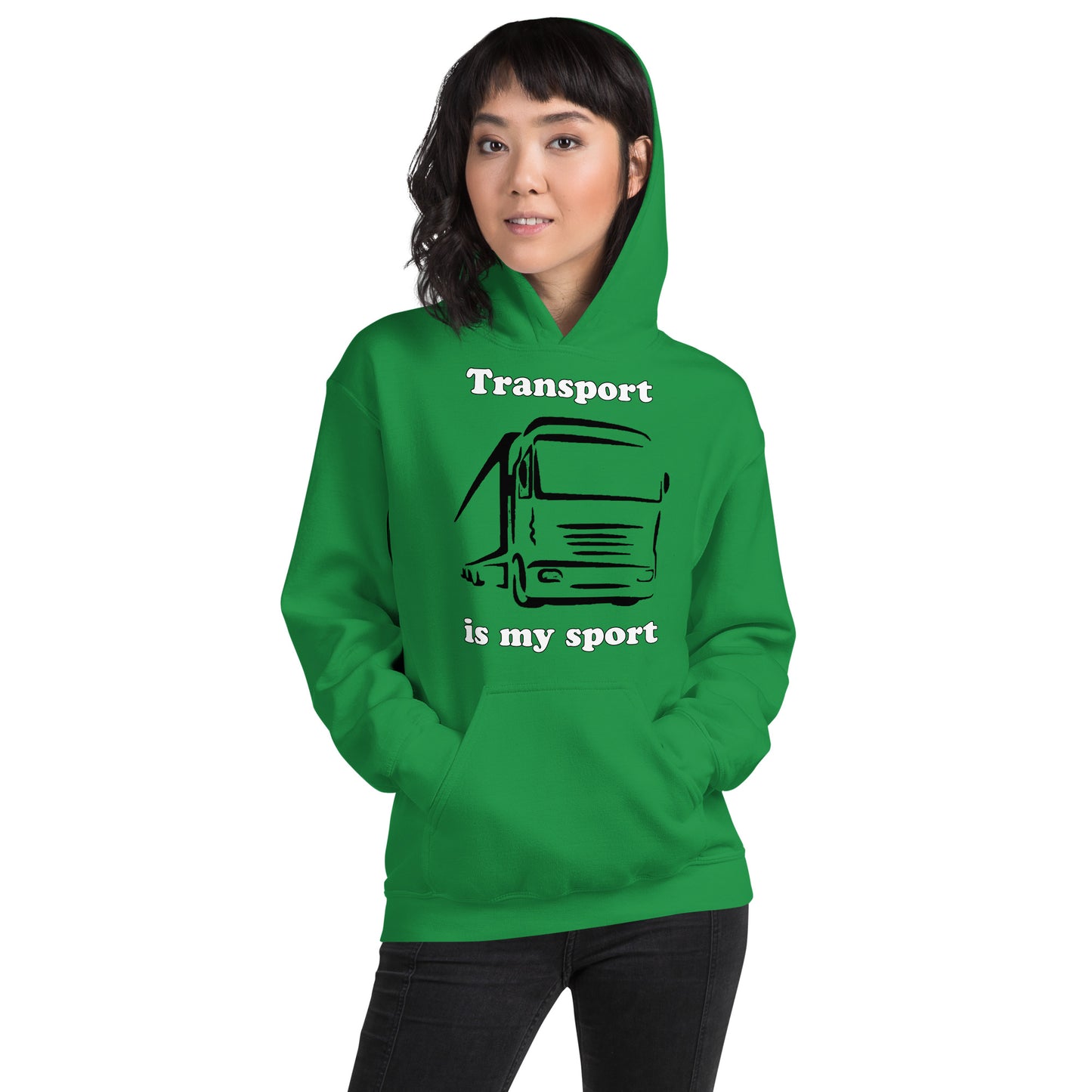Woman with Irish green hoodie with picture of truck and text "Transport is my sport"