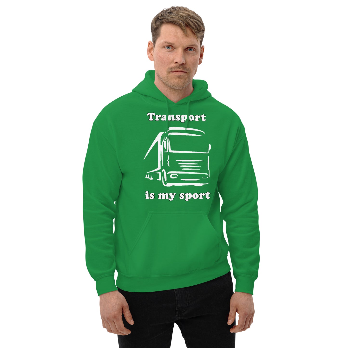 Man with Irish green hoodie with picture of truck and text "Transport is my sport"