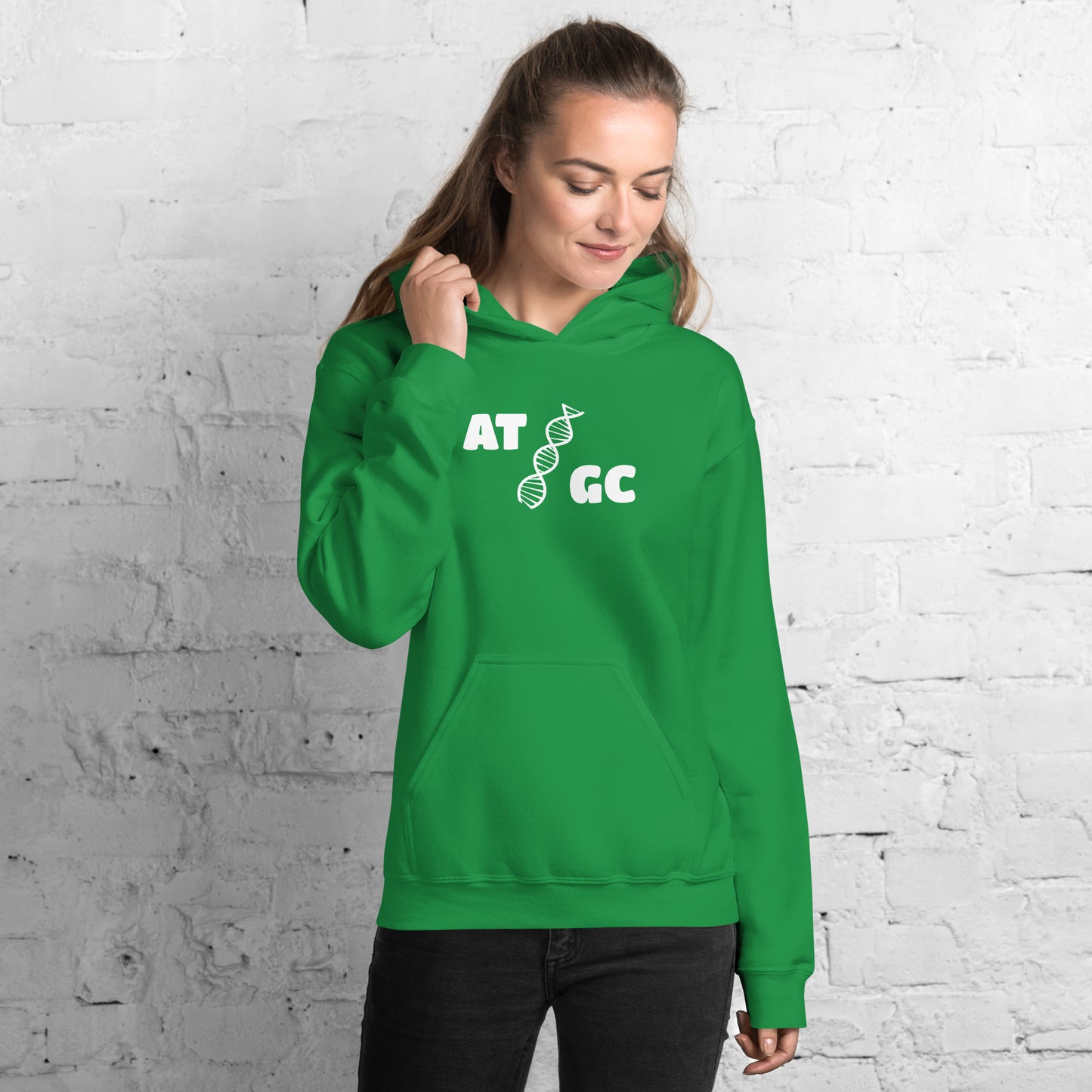 Women with Irish green hoodie with image of a DNA string and the text "ATGC"
