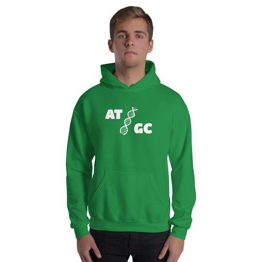 Men with Irish green hoodie with image of a DNA string and the text "ATGC"