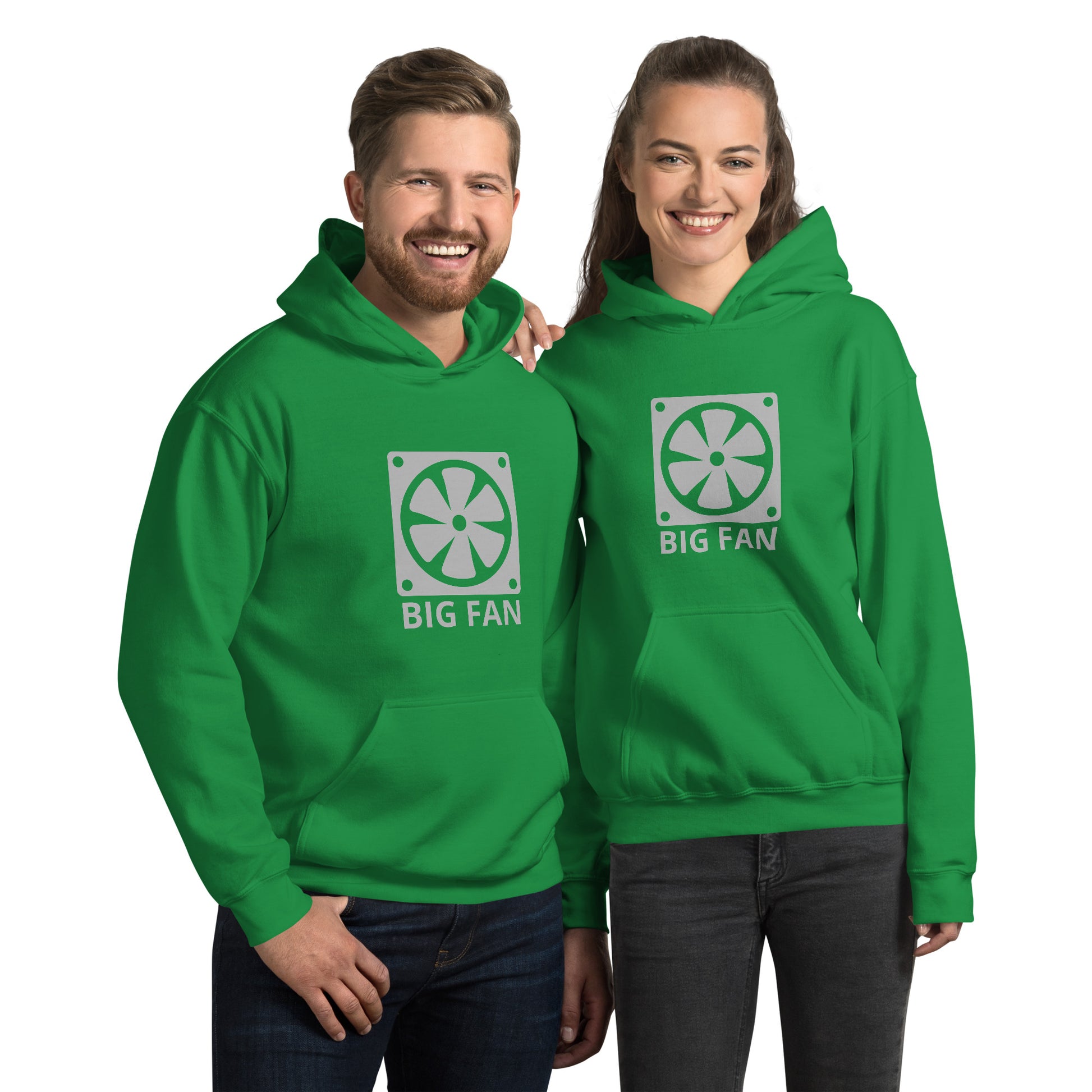 Man and women with Irish green hoodie with image of a big computer fan and the text "BIG FAN"
