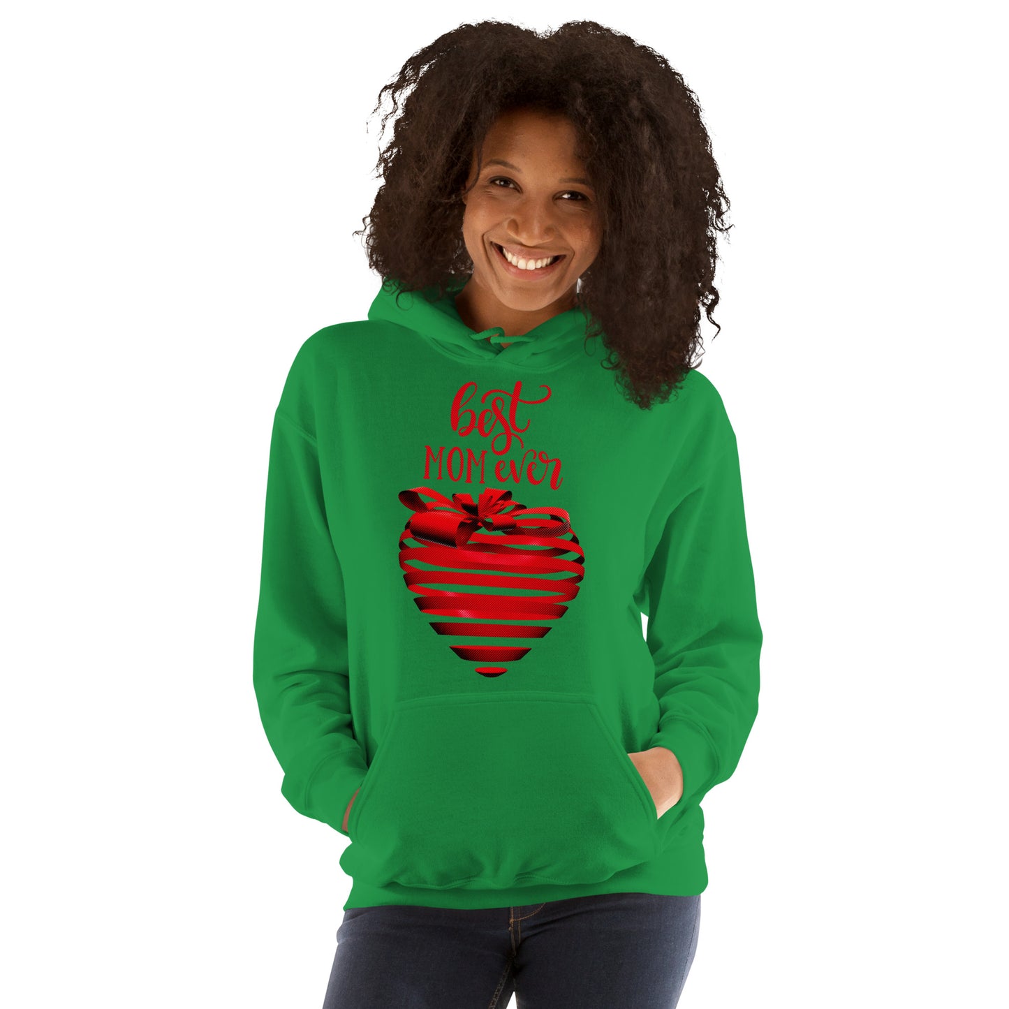 Women with irish green hoodie with red text best MOM Ever and red heart