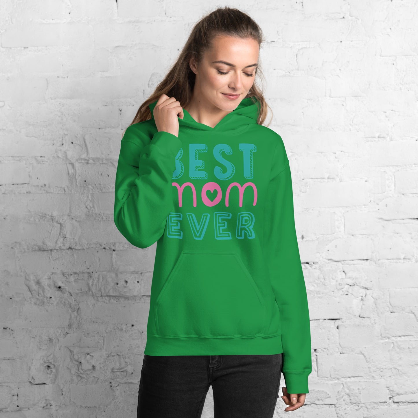 Women with Irish green hoodie with text best MOM Ever