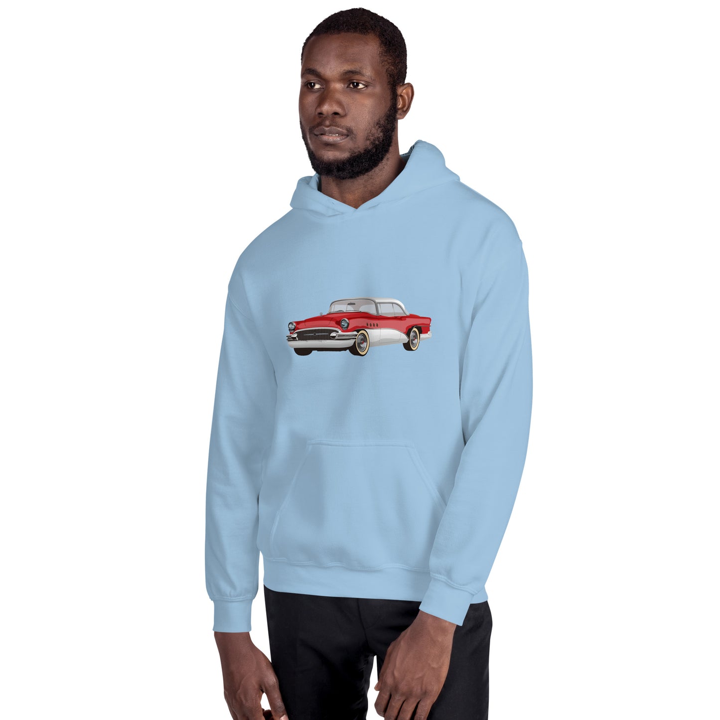 Men with light blue hoodie with red Chevrolet