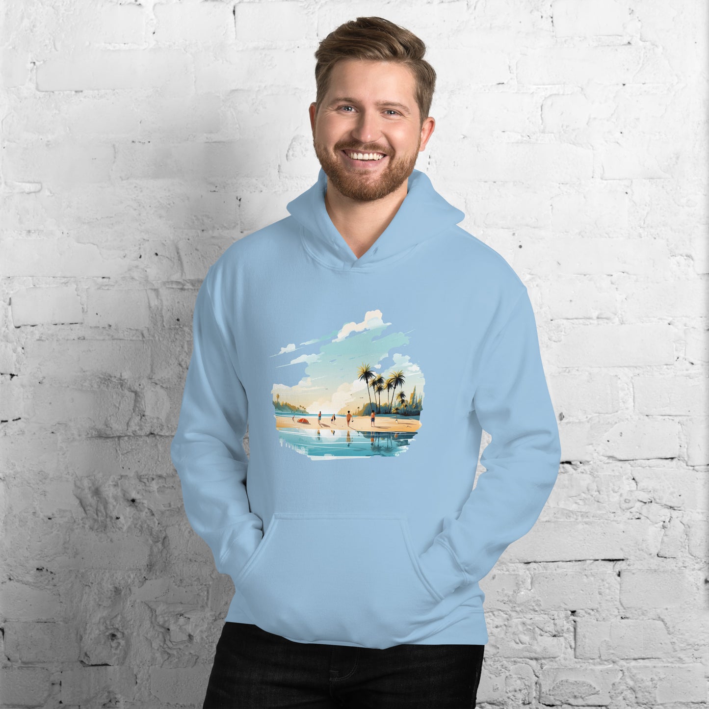 Men with light blue hoodie and a picture of a island with sea and sand