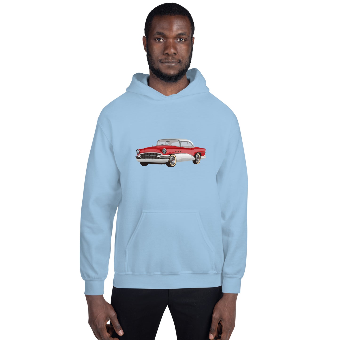 Men with light blue hoodie with red Chevrolet