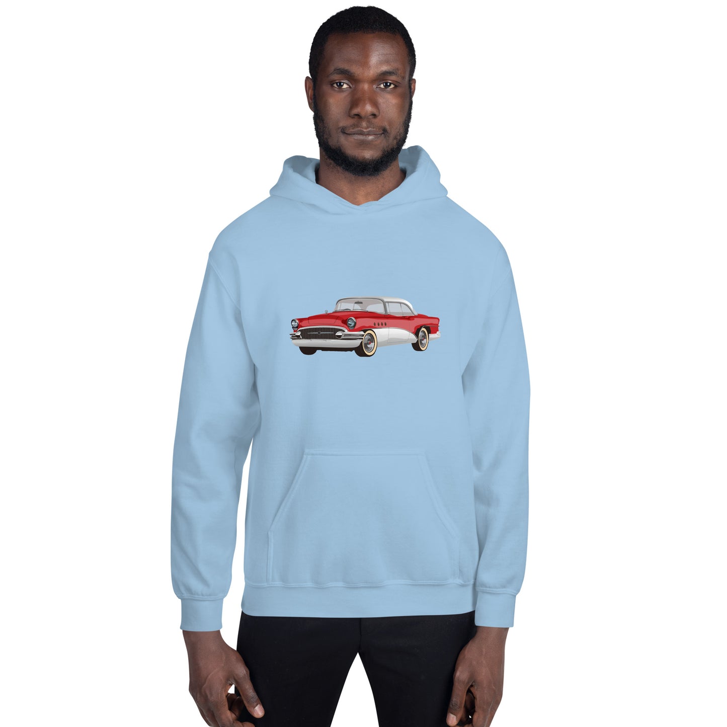 Men with light blue hoodie with red Chevrolet 