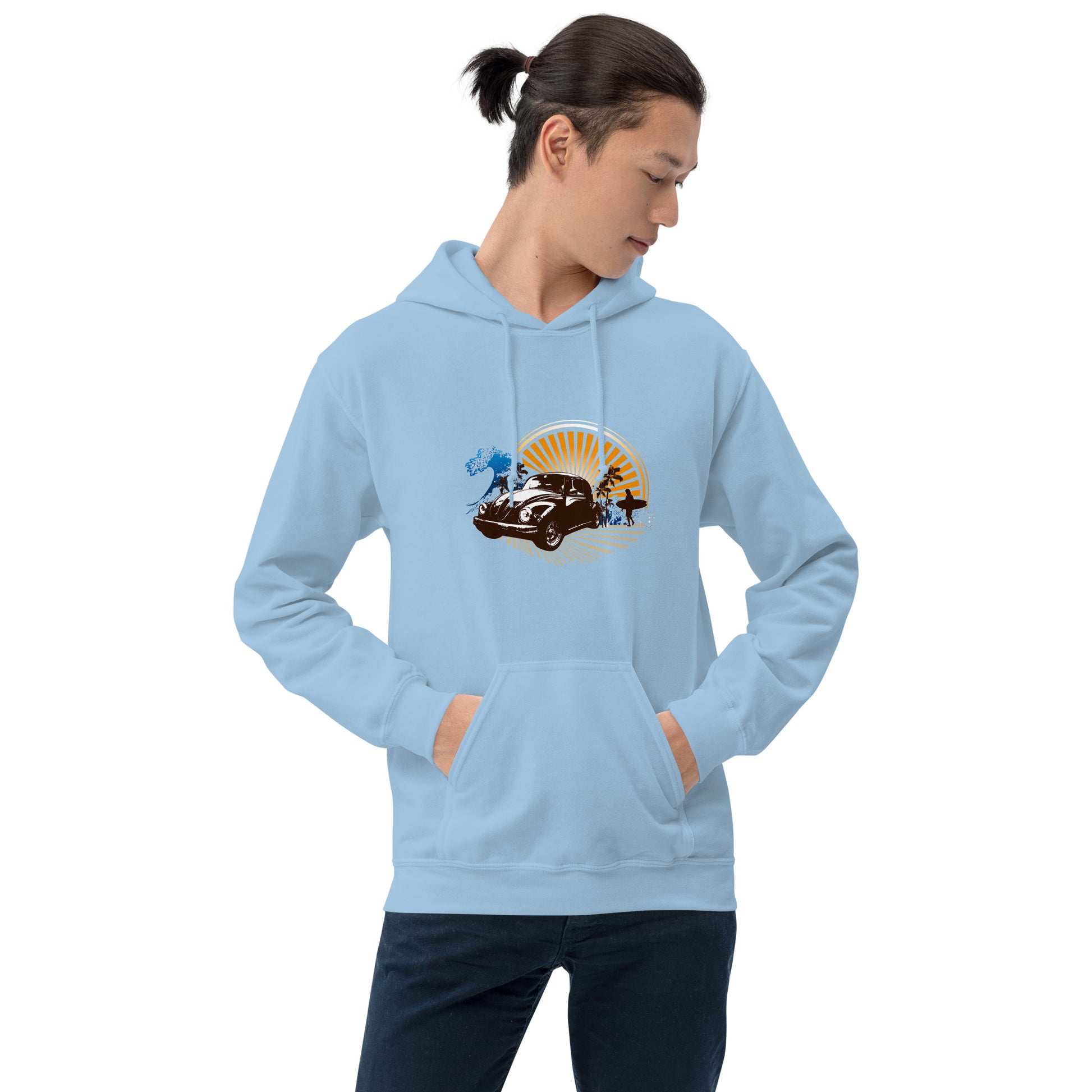 Men with light blue hoodie with sunset and beetle car
