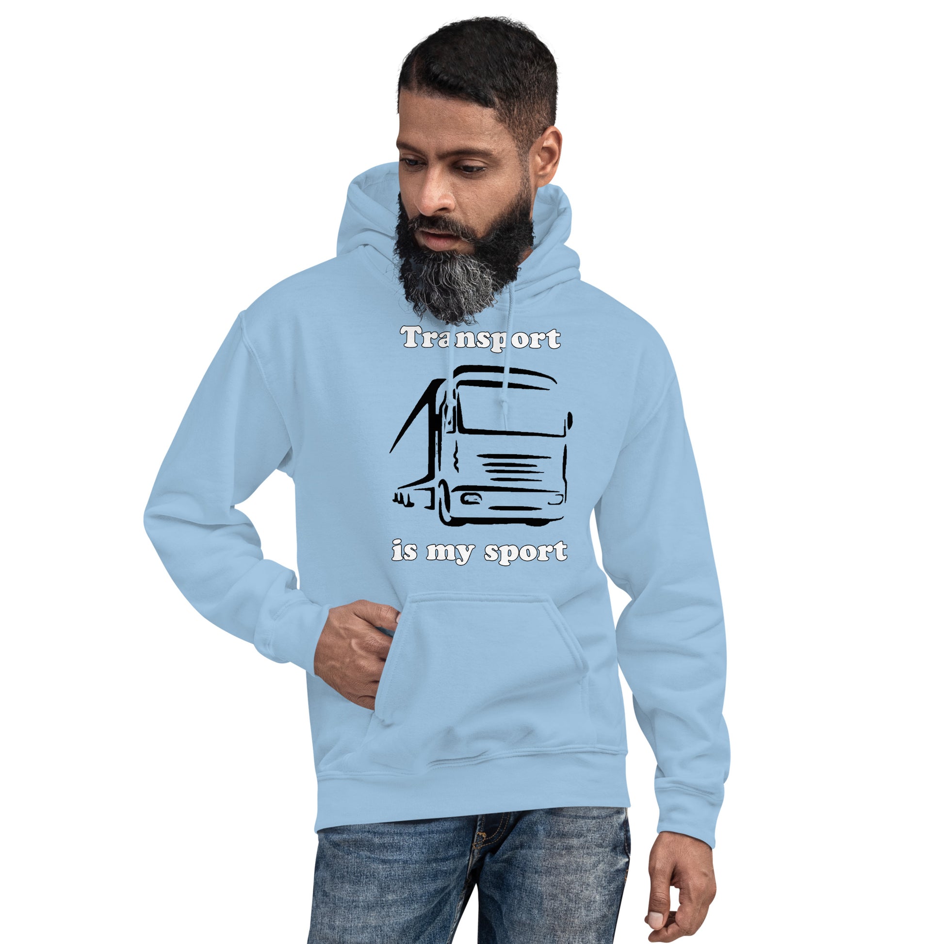 Man with sky blue hoodie with picture of truck and text "Transport is my sport"
