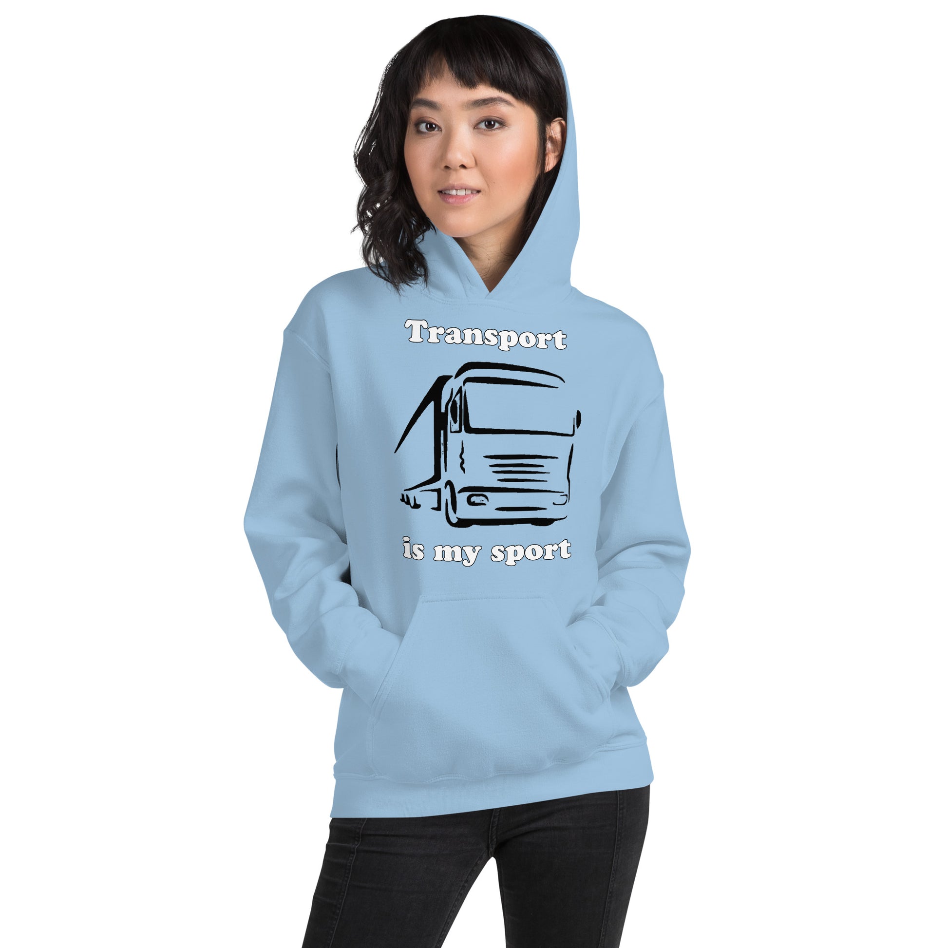 Woman with sky blue hoodie with picture of truck and text "Transport is my sport"