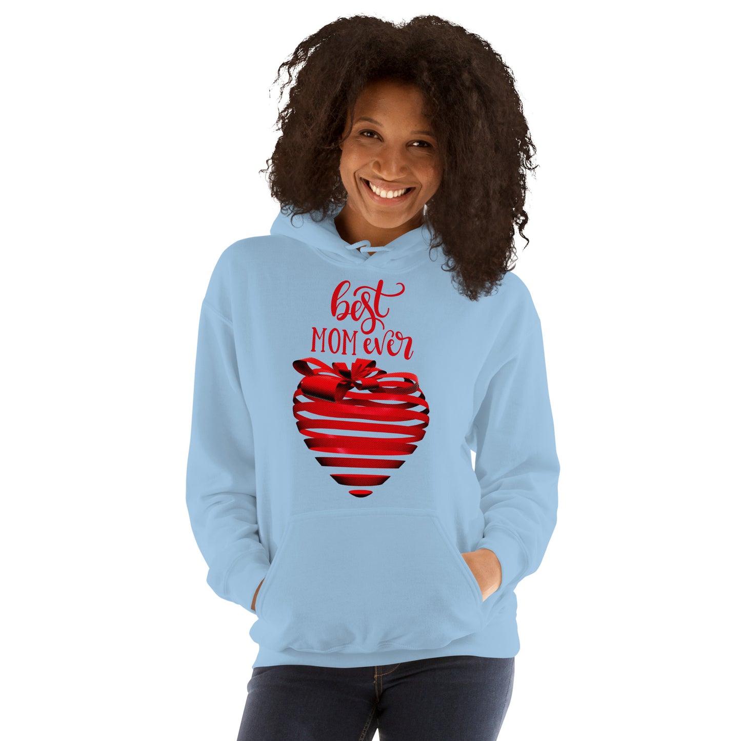 Women with light blue hoodie with red text best MOM Ever and red heart