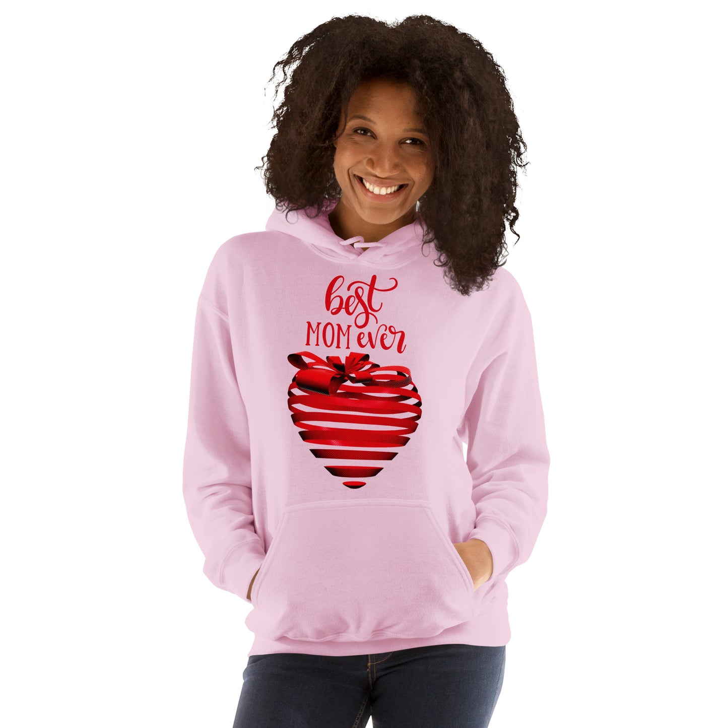 Women with light pink hoodie with red text best MOM Ever and red heart