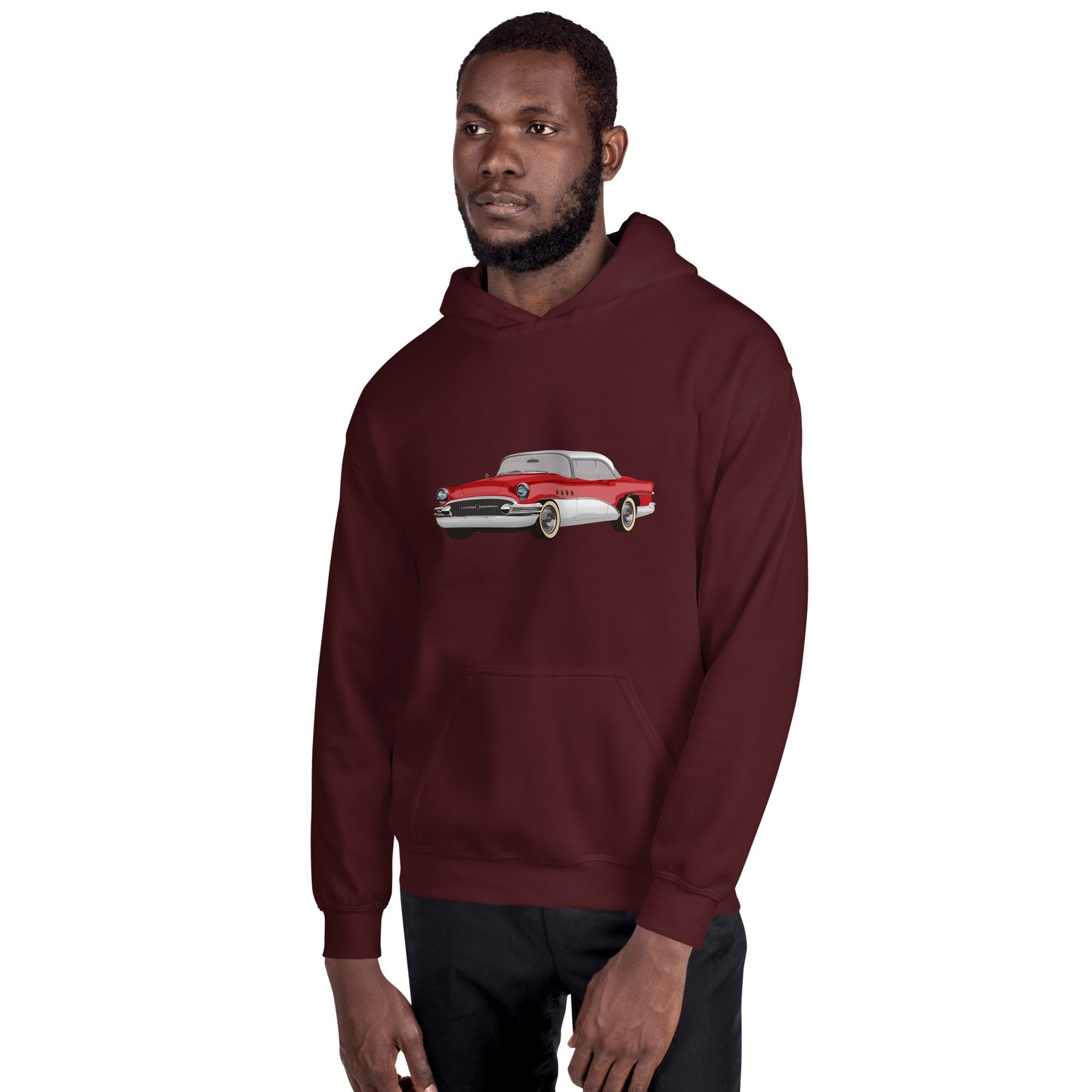 Man with maroon hoodie with red chevrolet