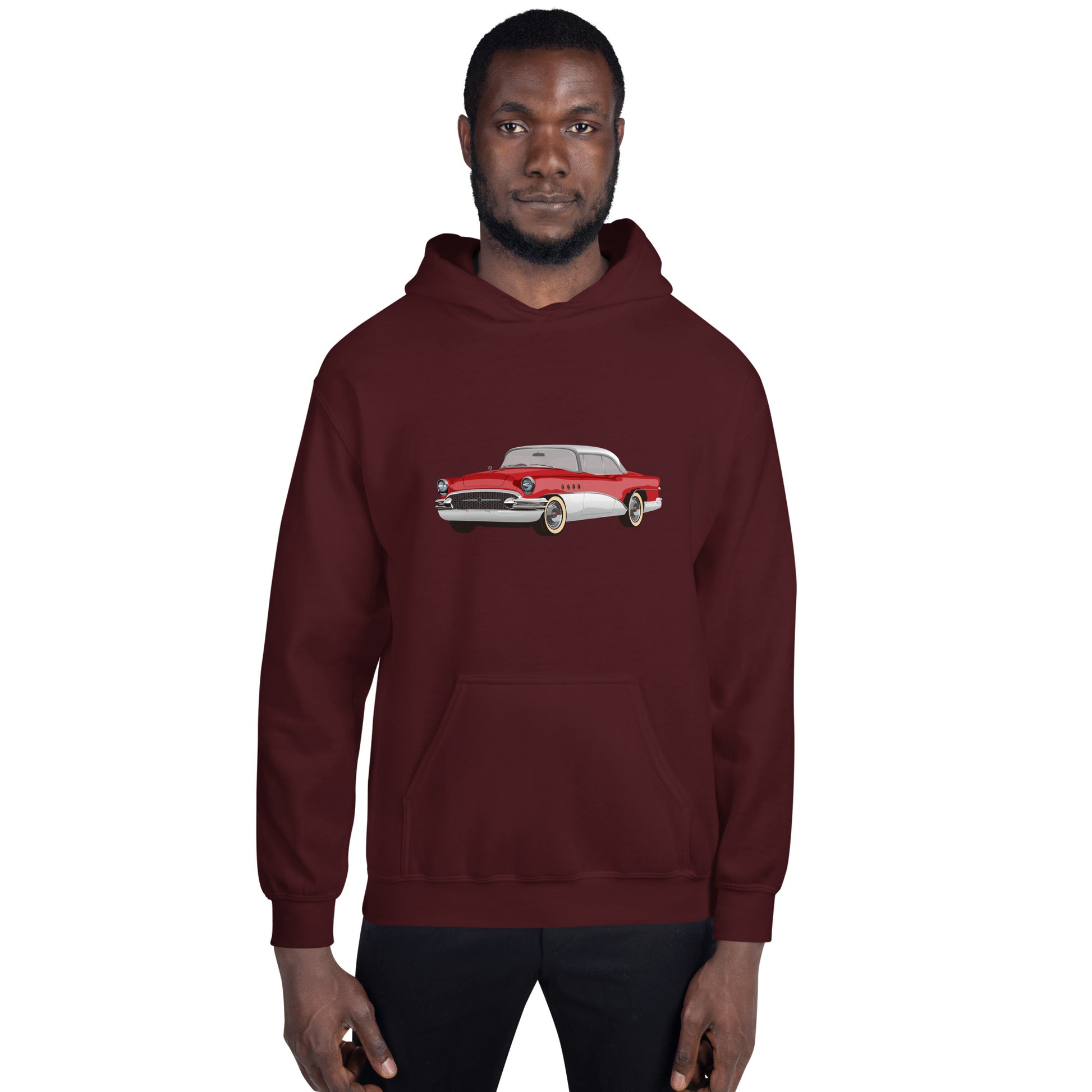 Man with maroon hoodie with red chevrolet