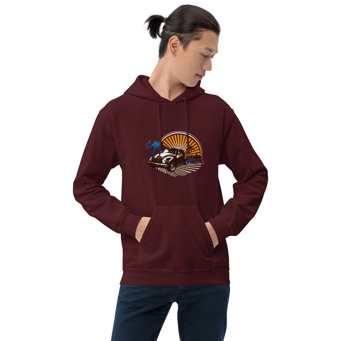 Men with maroon hoodie with sunset and beetle car