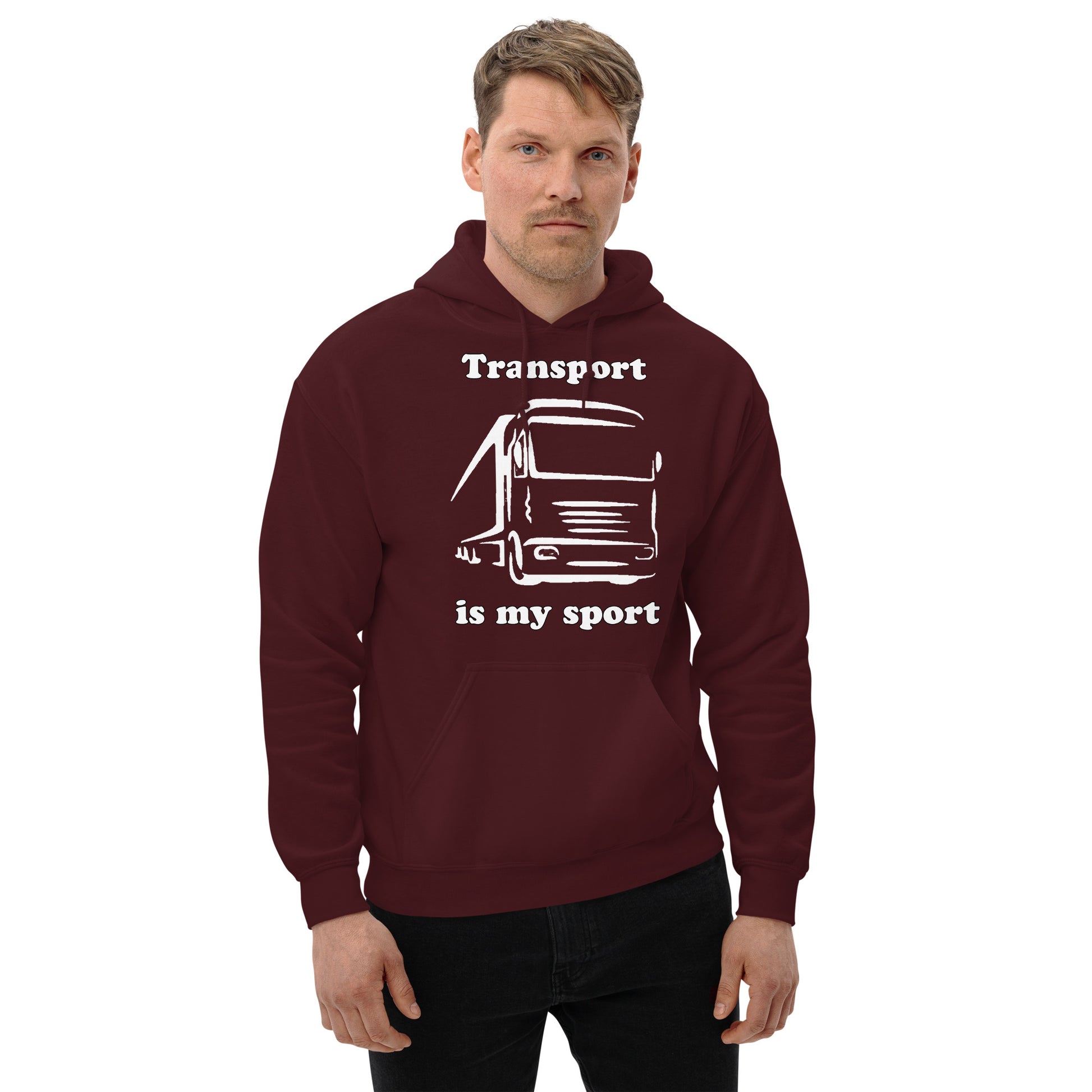 Man with maroon hoodie with picture of truck and text "Transport is my sport"
