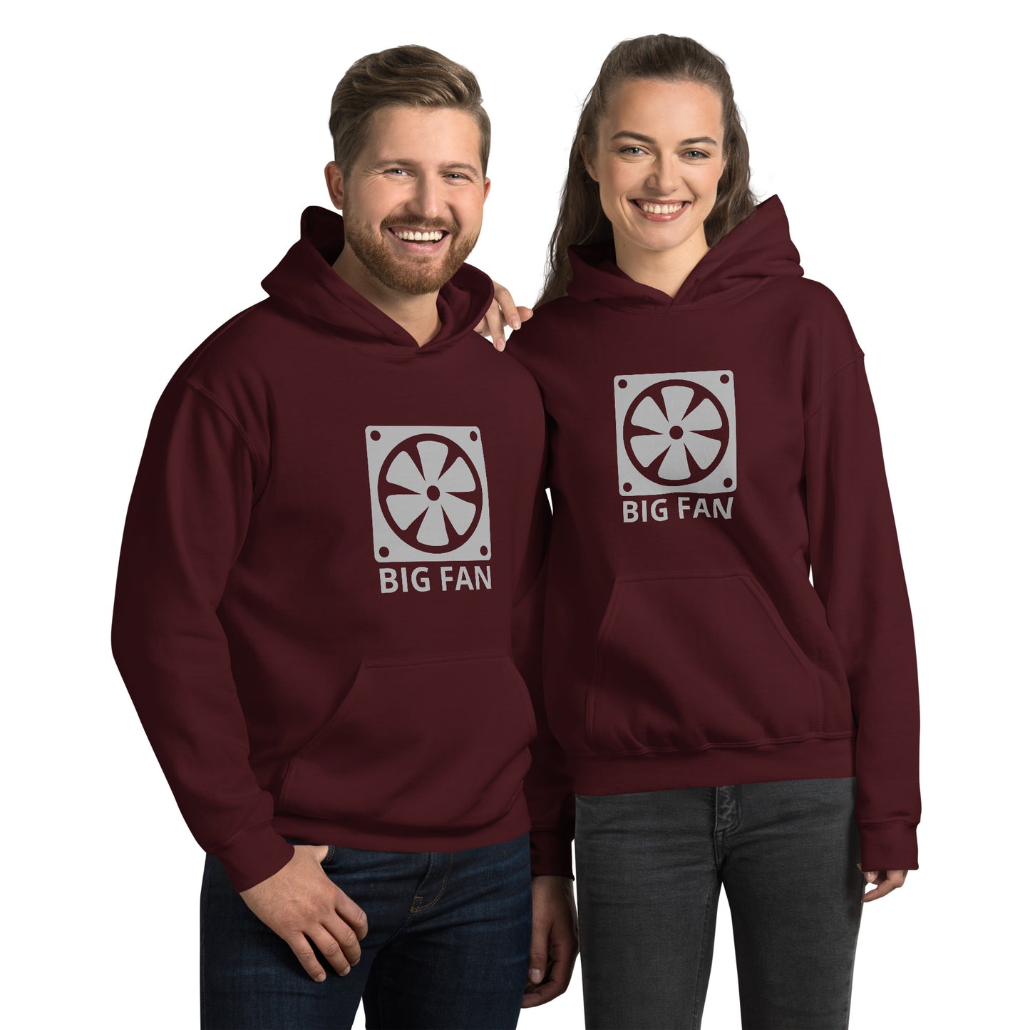 Man and women with maroon hoodie with image of a big computer fan and the text "BIG FAN"