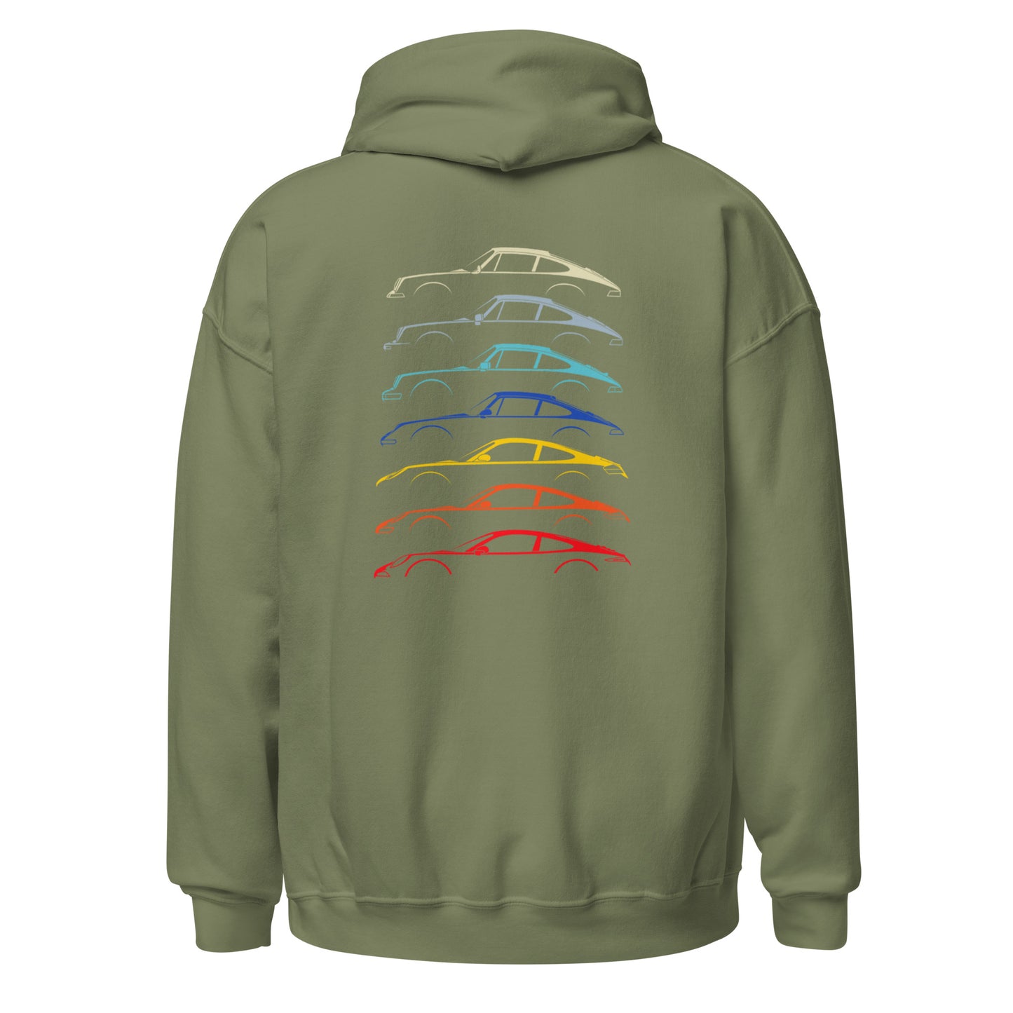 Military green hoodie with car silouttes on the back