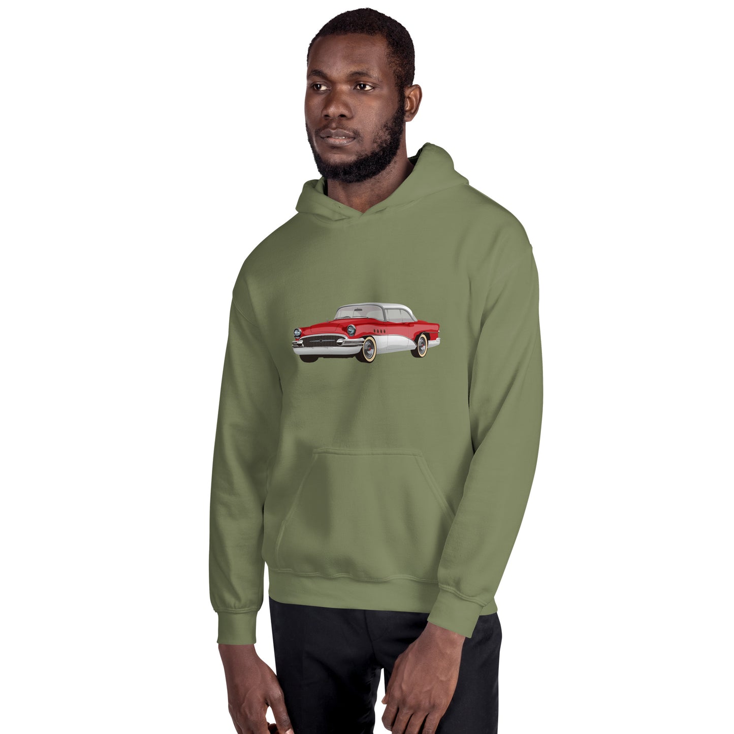 Men with military green hoodie with red Chevrolet