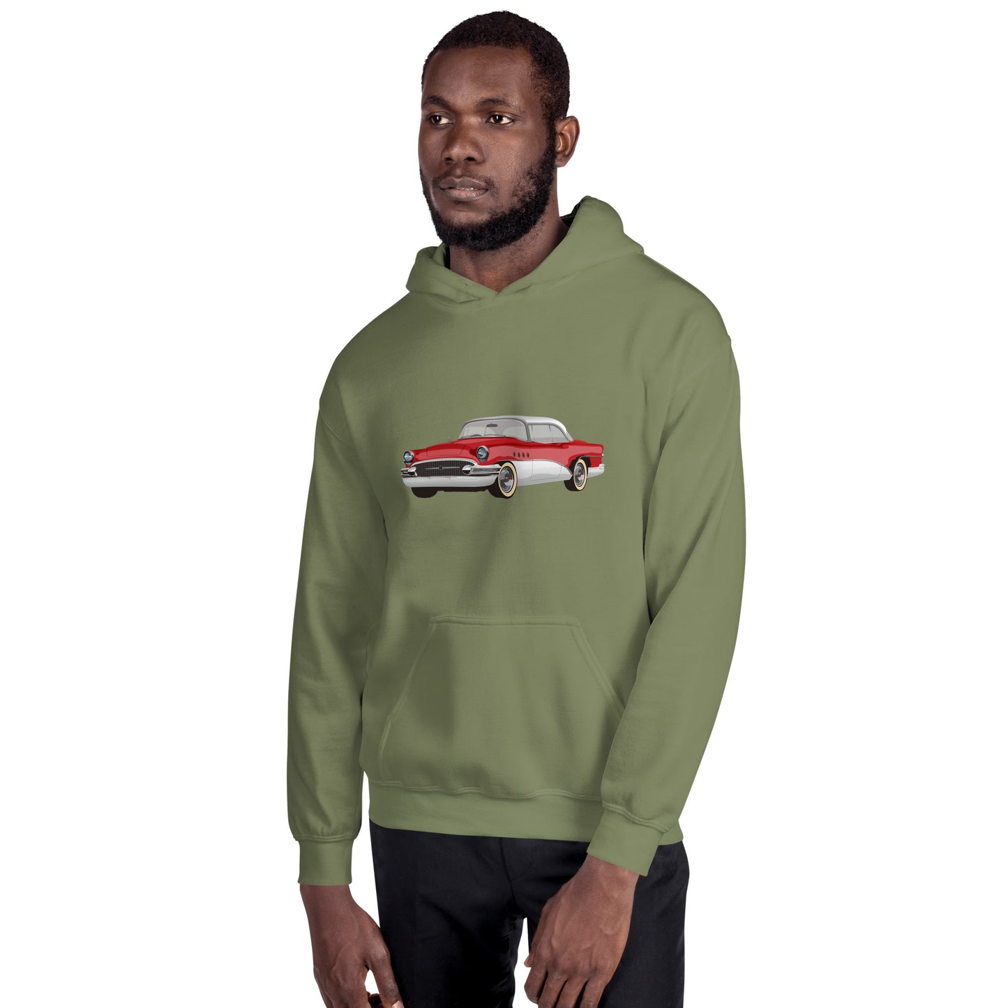 Men with military green hoodie with red Chevrolet 