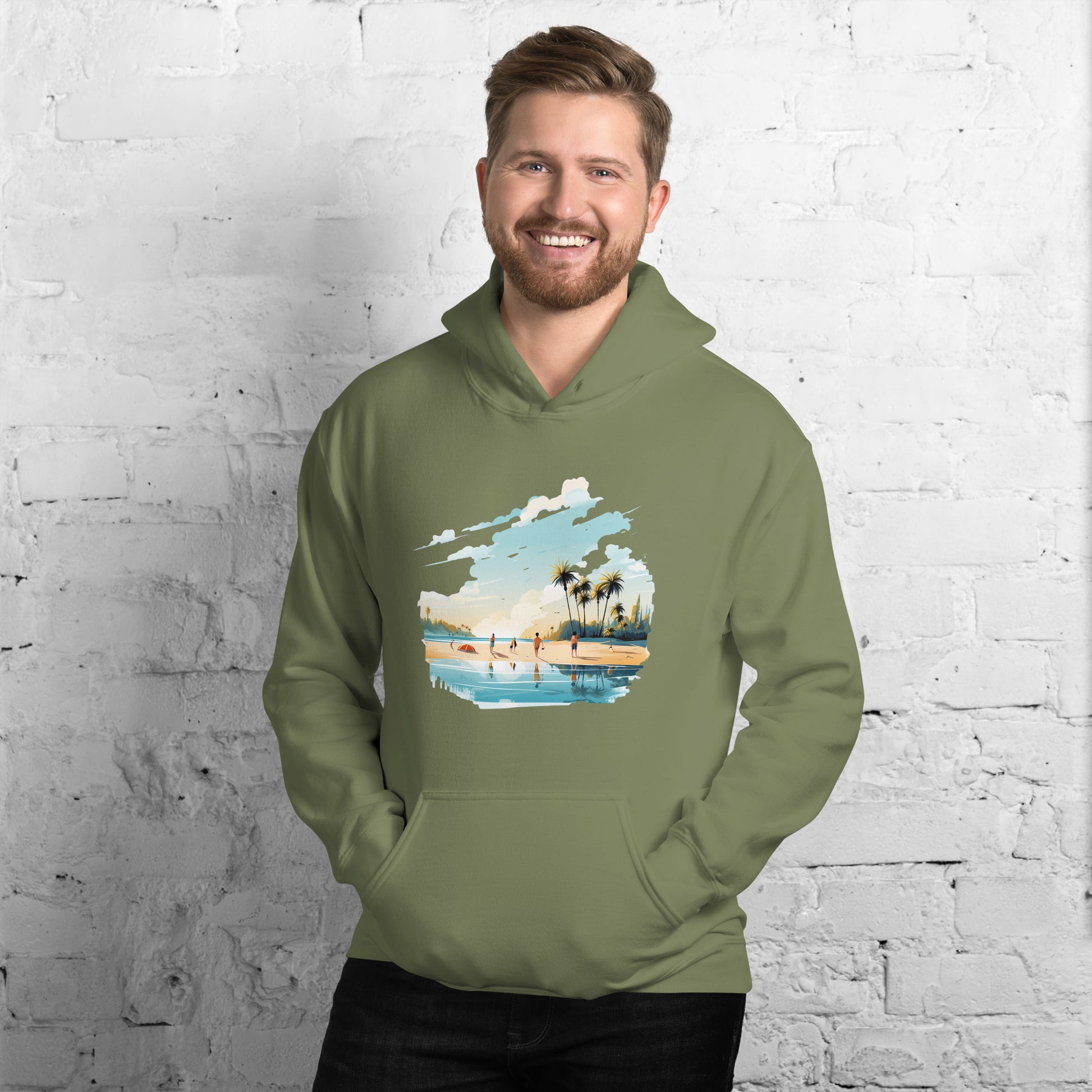 Men with military green hoodie and a picture of a island with sea and sand